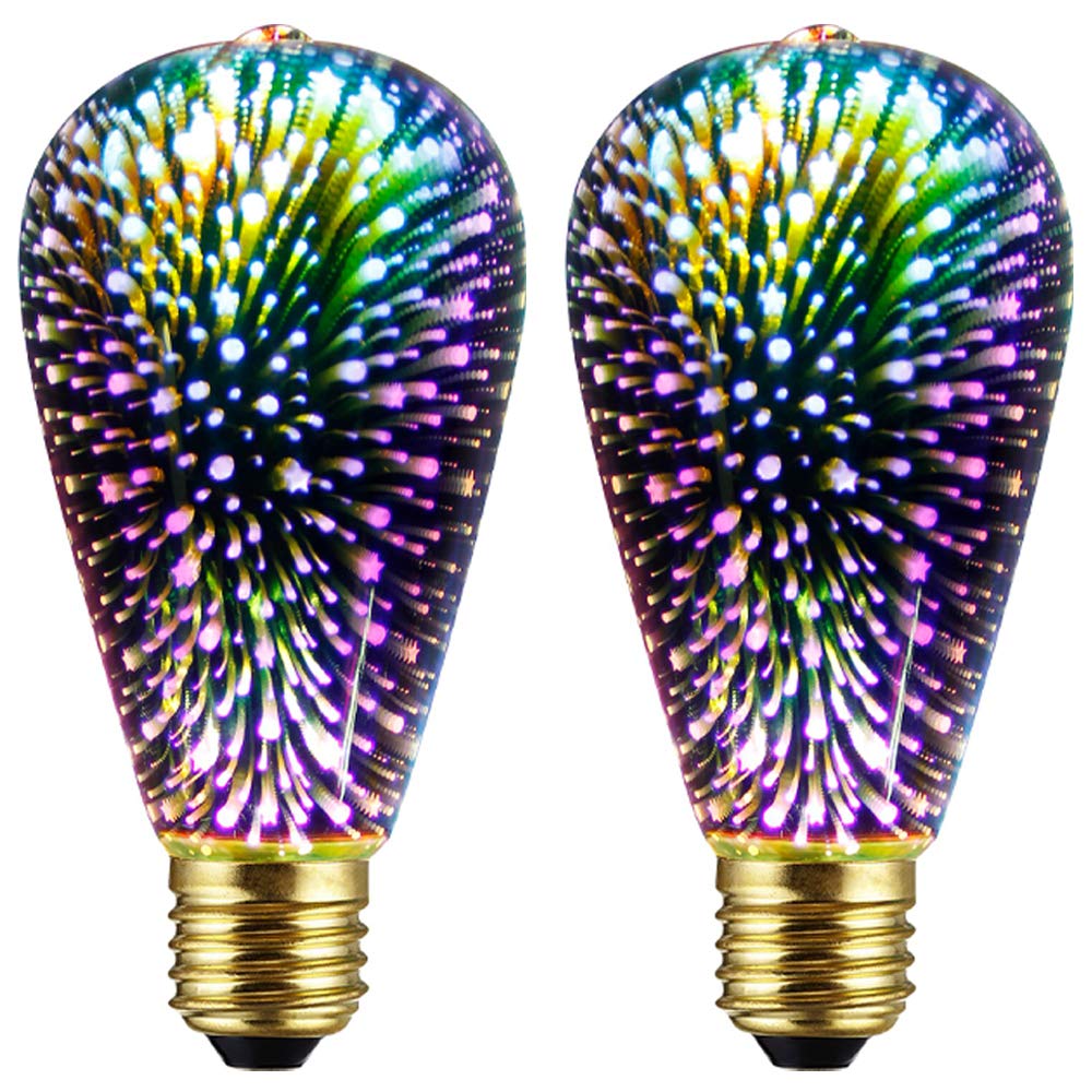 2 Pack Infinity 3D Fireworks Effect ST19 LED Light Bulb - 3W 120V Fairy Multicolor Disco Party Light, Stain Glass Colorful Bulb