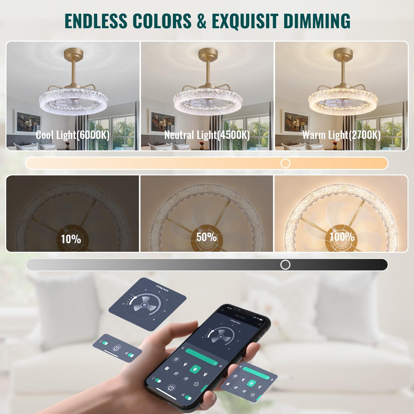 CROSSIO 20'' Ceiling Fan with Lights and Remote, 3000-6000K Dimmable Low Profile Crystal Ceiling Fan, 6 Wind Speeds Modern Flush Mount LED Fandelier
