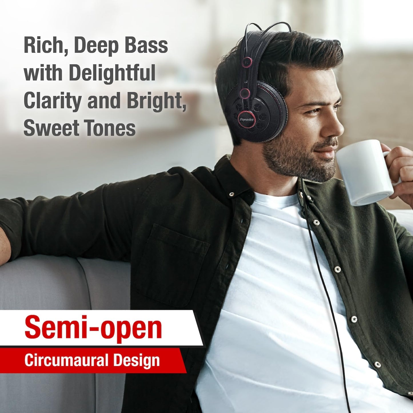 Superlux HD681 Semi-Open Studio Headphones, Wired Over-Ear with 50mm Neodymium Drivers, Single-Sided Cable, 10-30,000Hz, for Monitoring, Recording