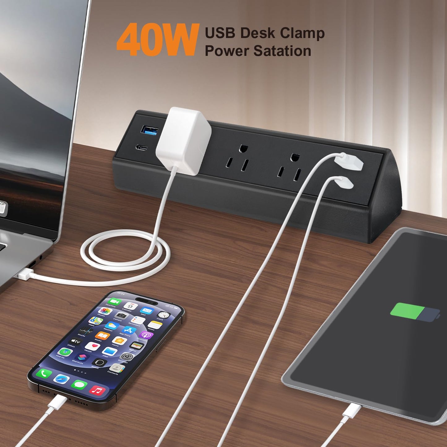 Fast Charge USB C Desk Clamp Power Strip 40W, Desktop Edge Mount 2 PD 20W USB-C Ports&2 QC 18W USB A Ports 3 Outlets Flat Plug for Home Office School