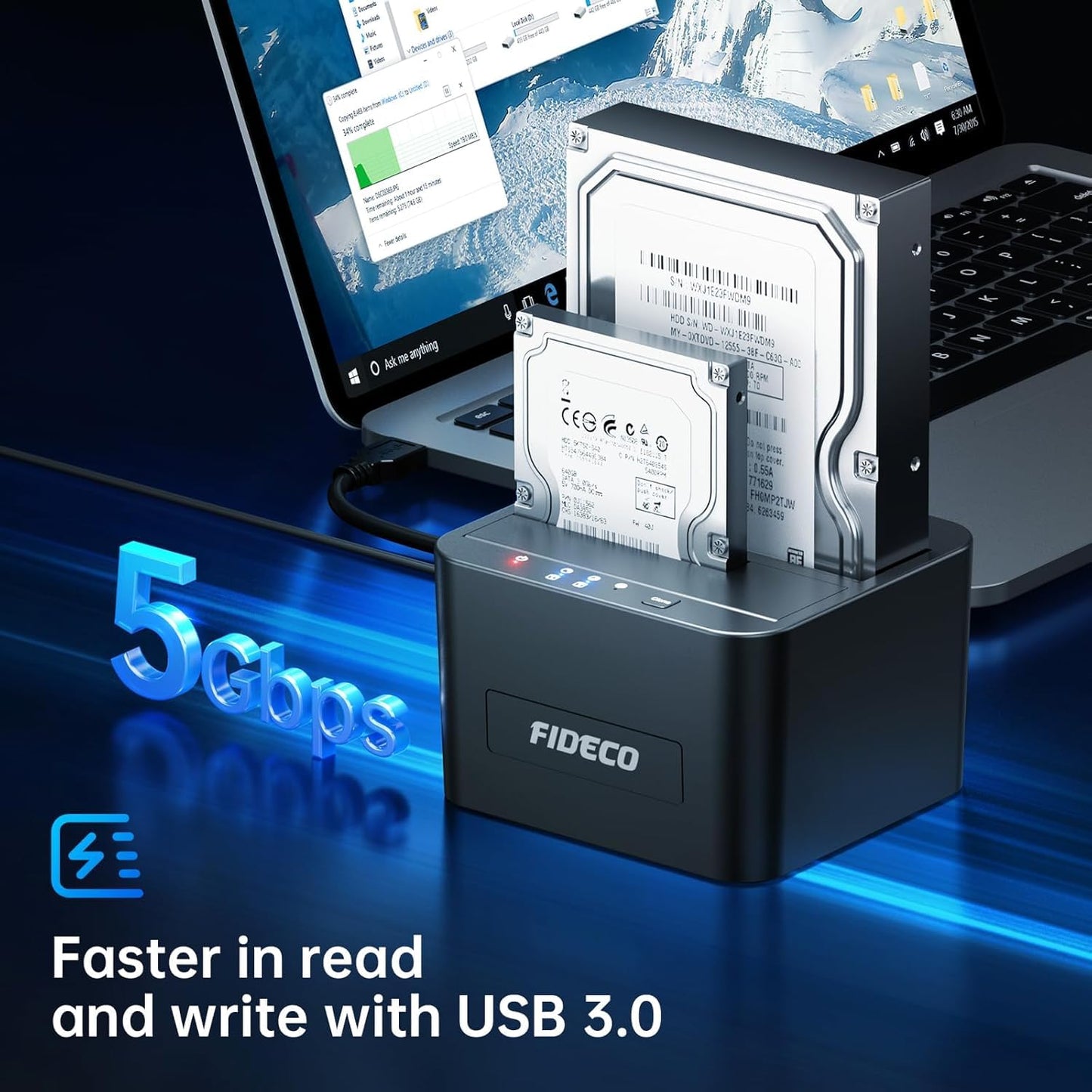 FIDECO External Hard Drive Docking Station, Hard Drive Dock for 2.5 and 3.5 inch SATA HDD SSD, HDD Docking Station with Dual Bay, USB 3.0 Hard Drive