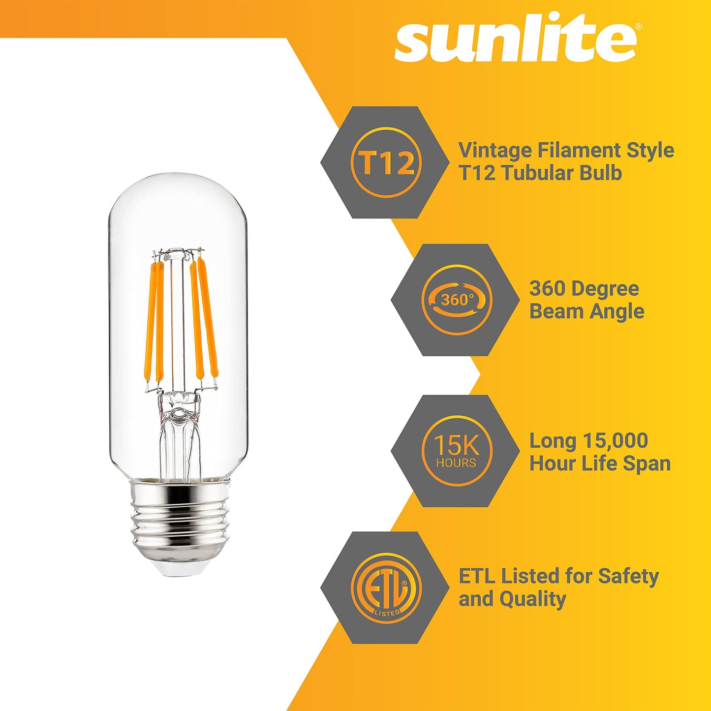 Sunlite LED Filament T12 Tubular Light Bulb, 3 Watts (40W Equivalent), 350 Lumens, ETL Listed, 100 mm, Medium E26 Base, Dimmable, 2700K Soft White, 1