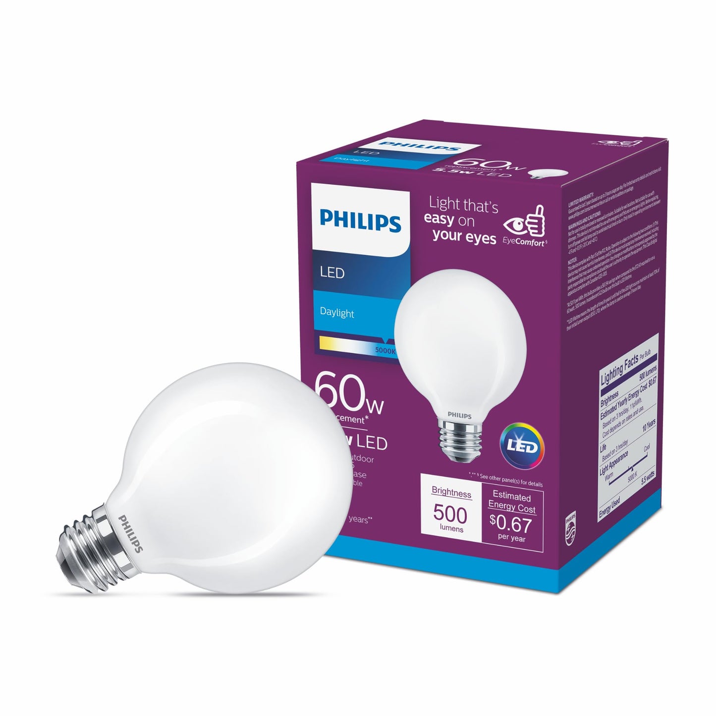 PHILIPS LED Frosted Non-Dimmable G25 Light Bulb - EyeComfort Flicker Free - 5.5W = 60W - 500 Lumen - Daylight (5000K) - E26 Base - Indoor