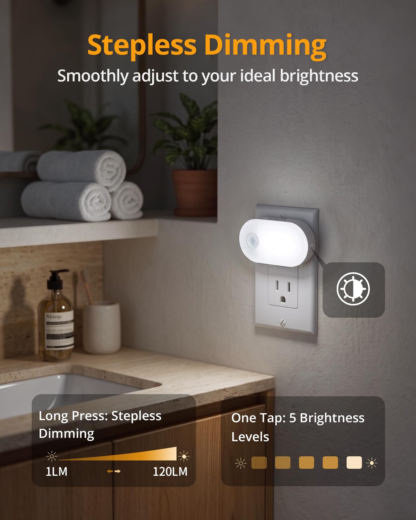 Lyridz 120LM Ultra Bright Plug-in Motion Sensor Night Light, Stepless Dimmable LED Nightlight, Always-On and Auto-Off, for Hallway, Stairs, Bathroom
