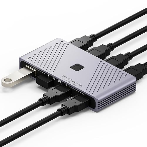 USB 3.0 Switch, 4 Computers Sharing 4 USB Devices, One-Button Switcher for Keyboard Mouse Printer Scanner, USB Peripheral Sharing Hub for PC Laptop