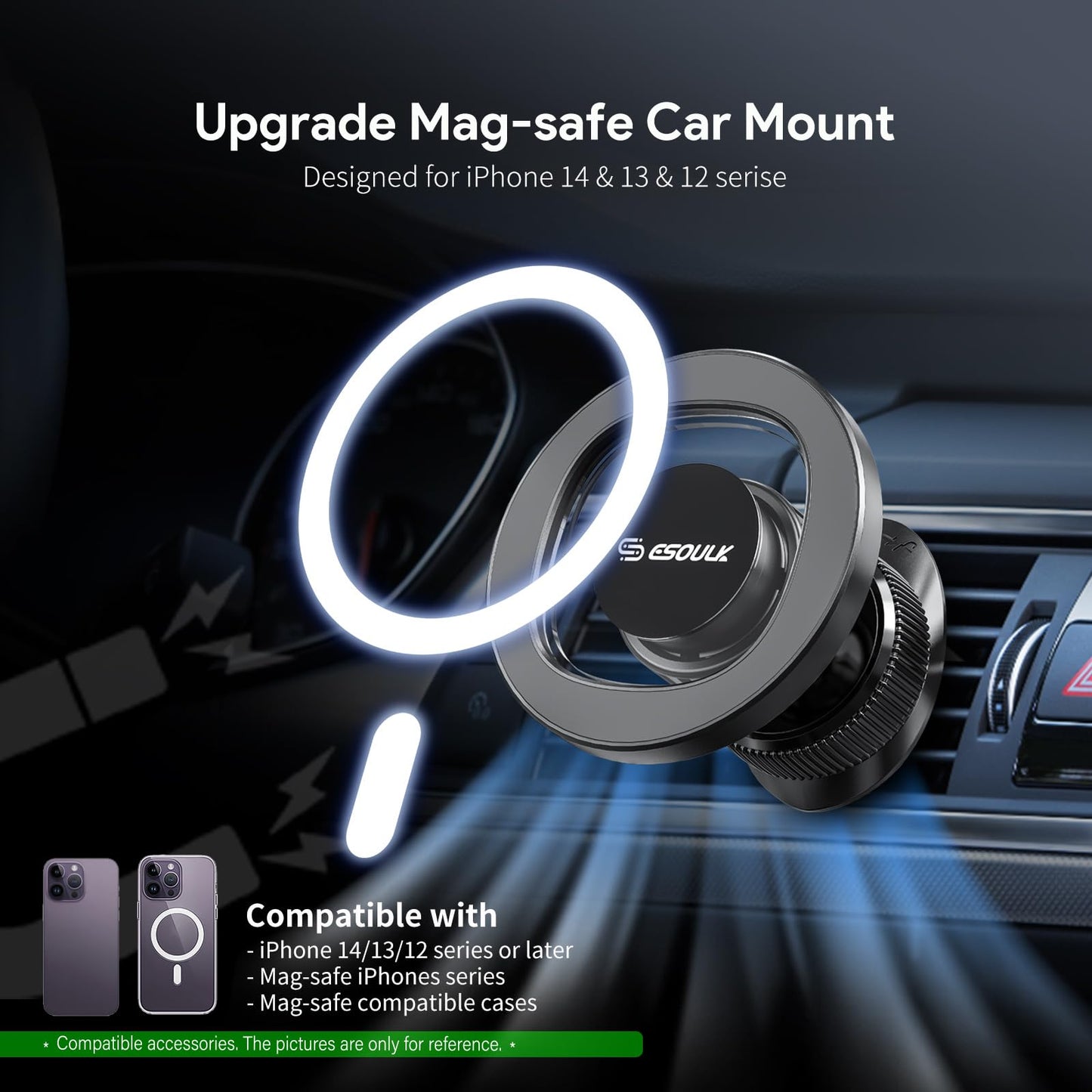 Esoulk] Magnetic Car Mount for iPhone & Samsung Galaxy, MagSafe-Compatible Phone Holder for Car Vent with Strong Magnetic Hold, Compact Air Vent Mount