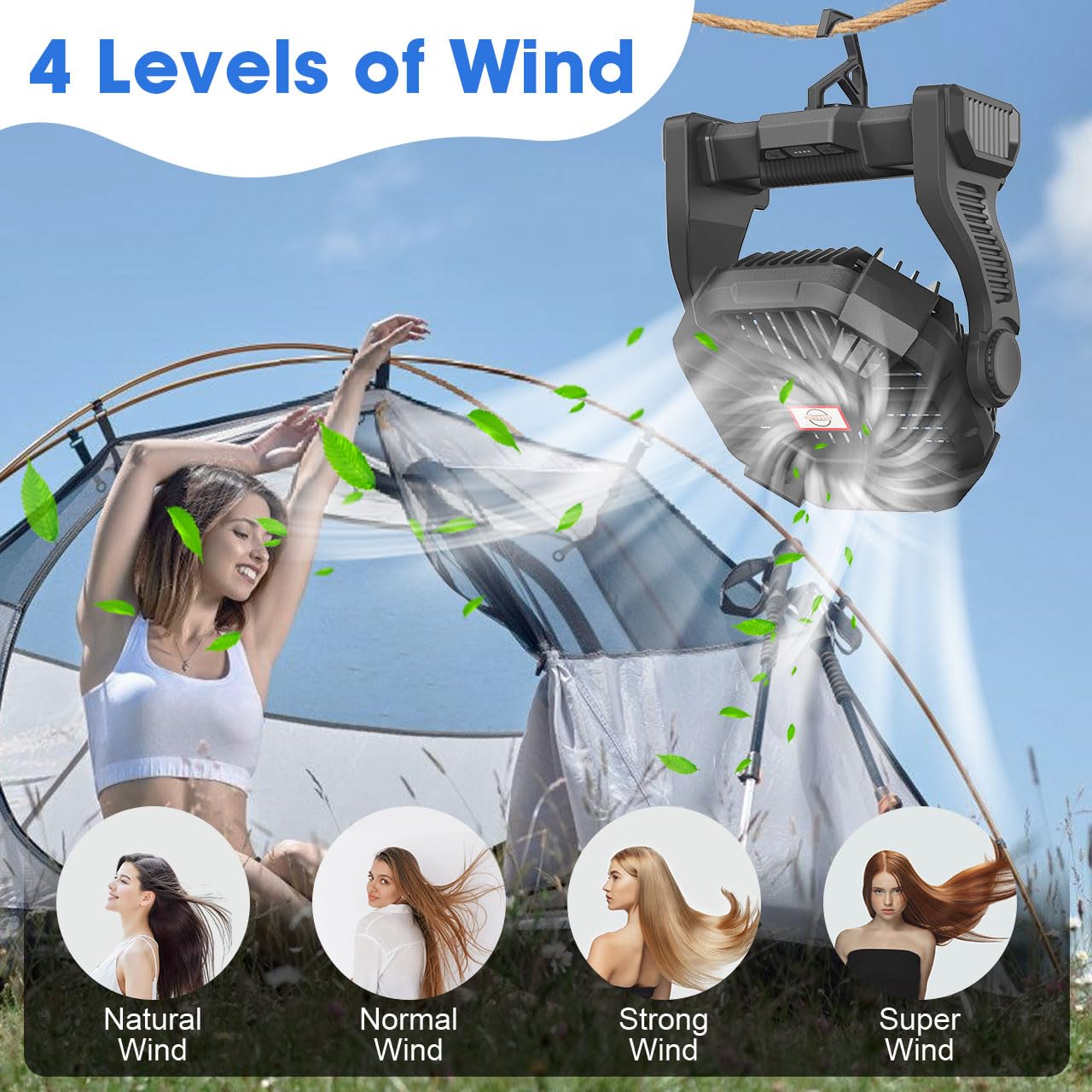 Portable Camping Fan with LED Light, 20000mAh Rechargeable Battery, Adjustable Brightness & Speed, Hanging & Handheld Design, Long-lasting Power