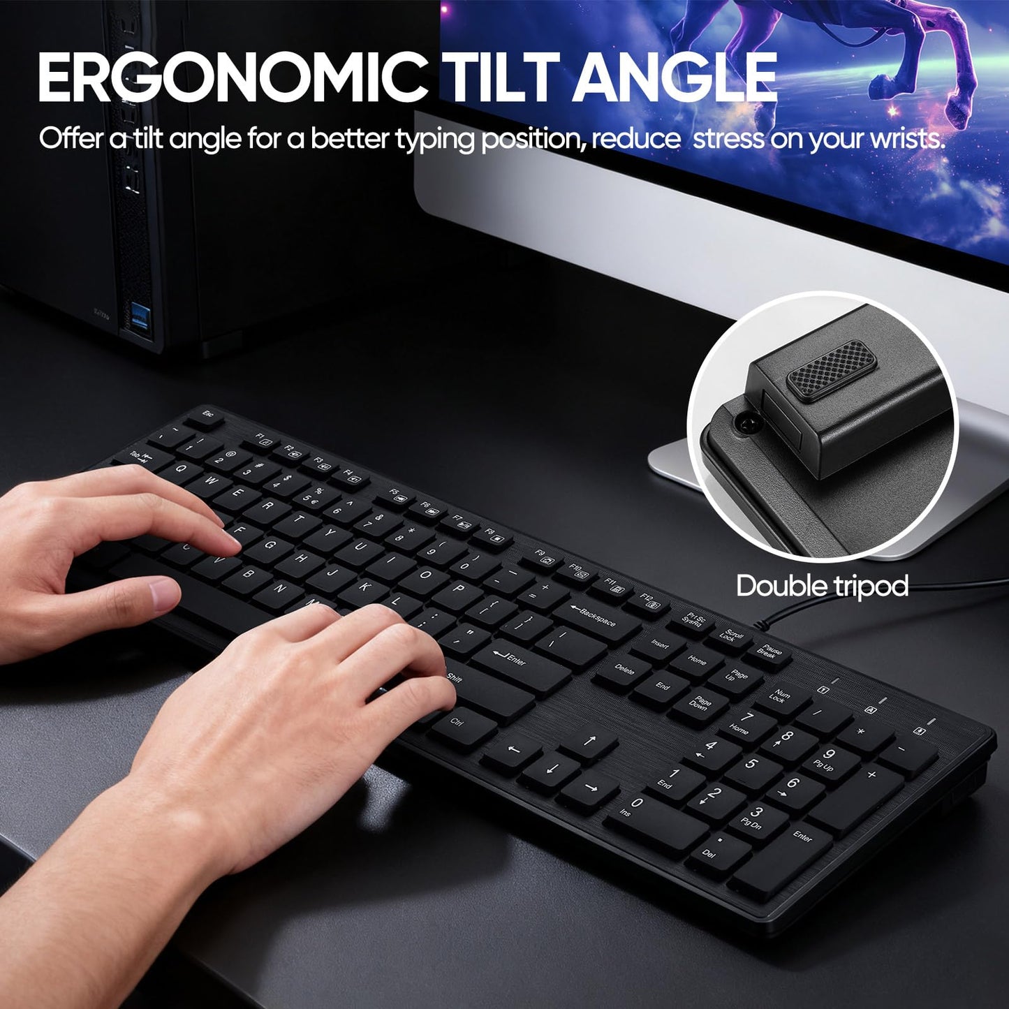 Wired Keyboard and Mouse Combo, Full-Sized Ergonomic Computer Keyboard and Optical Wired Mouse for Windows, Mac OS Desktop/Laptop/PC-Black
