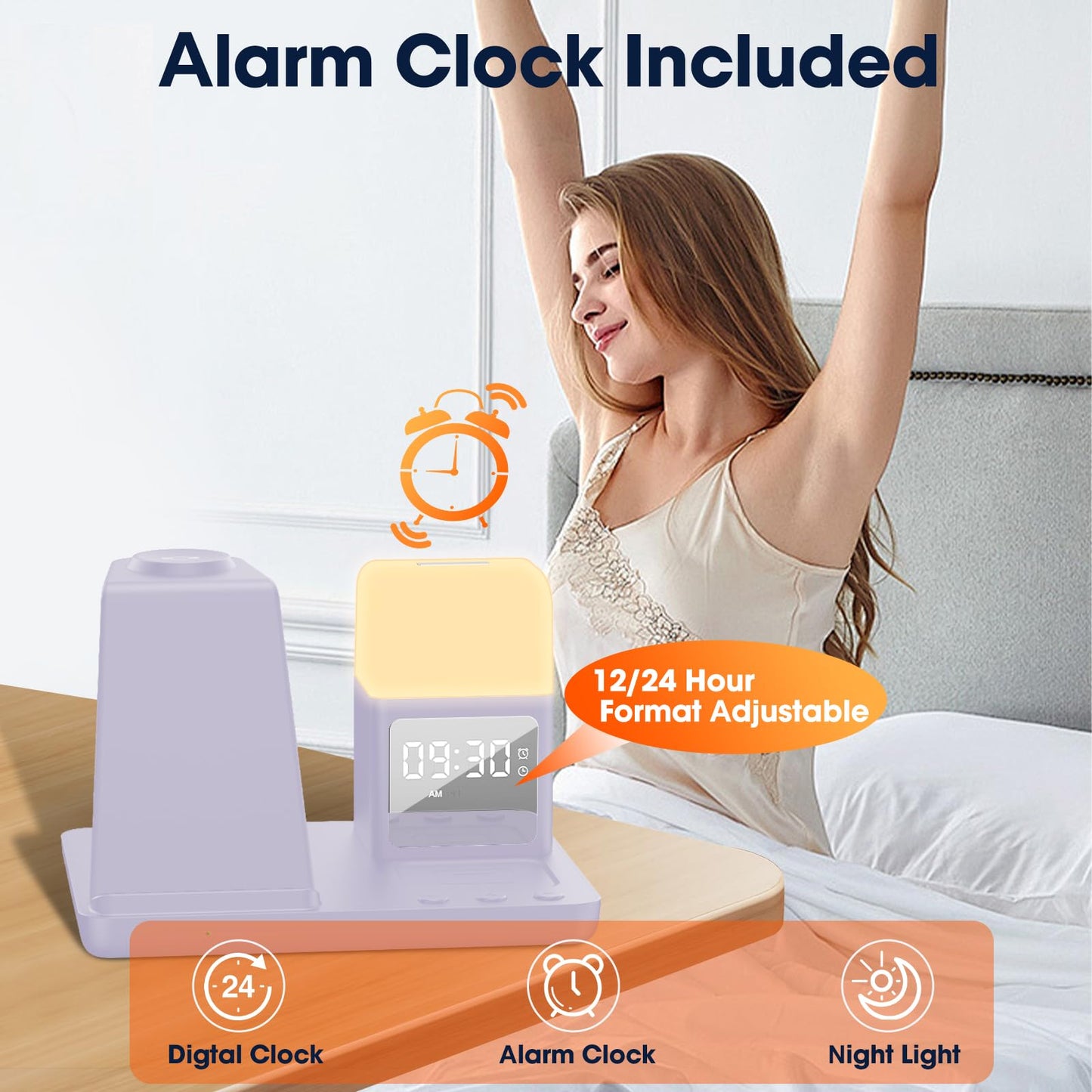 Alarm Clock Charging Station for Bedrooms, Wireless Watch Charger for Samsung Watch 8/7/6, Wireless Charging Station with Night Light Bedside Clock