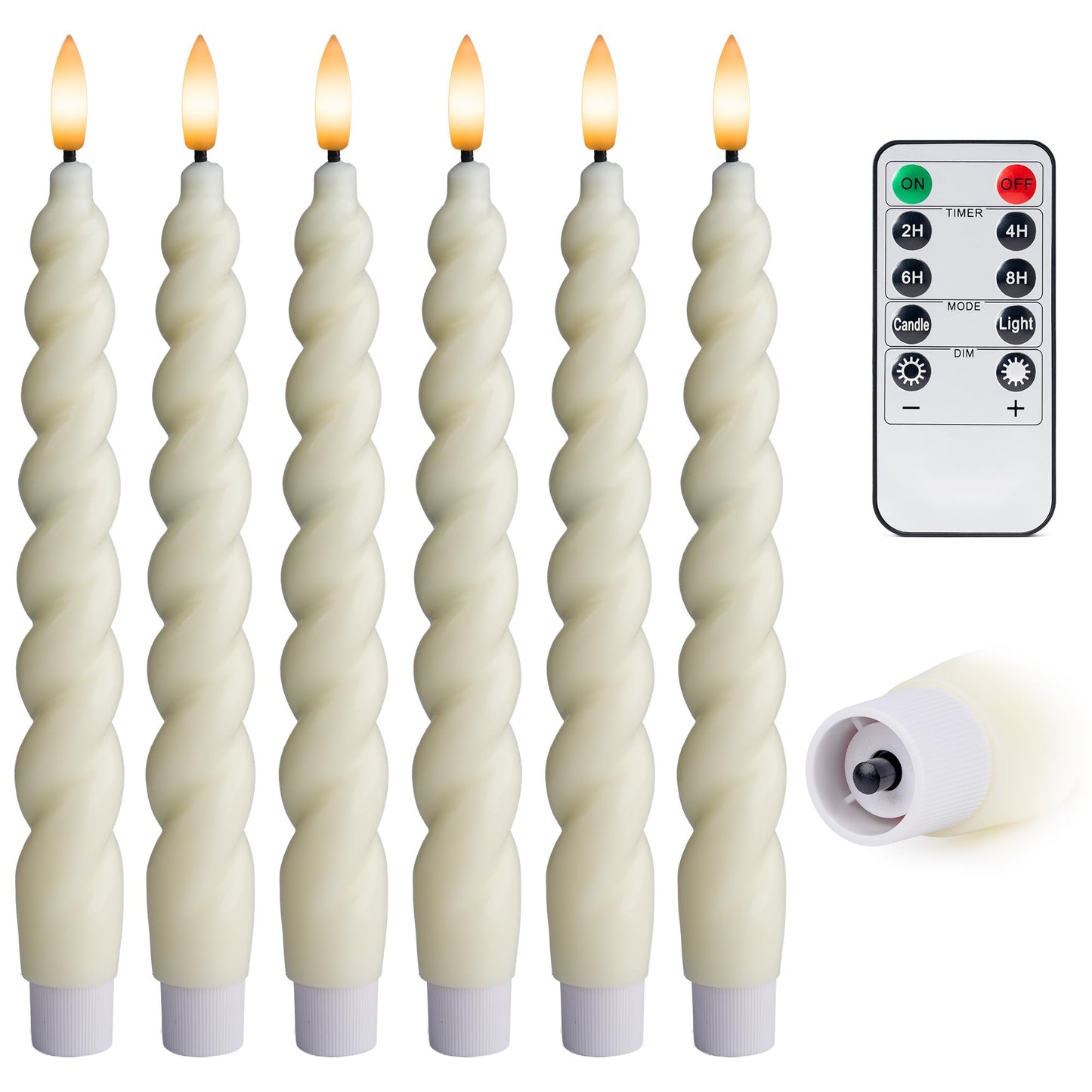 WYZworks 10" Flameless LED Taper Candles - Full Twisted Spiral - Ivory, Set of 6 - Remote, 2/4/6/8-Hr Timer (24-hr Memory), Bottom On/Off Button