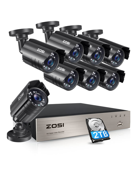 ZOSI 5MP Lite Home Security Camera System with 2TB Hard Drive,H.265+ 8CH CTV DVR,8pcs 1920TVL 1080p Outdoor Indoor Surveillance Cameras,80ft Night