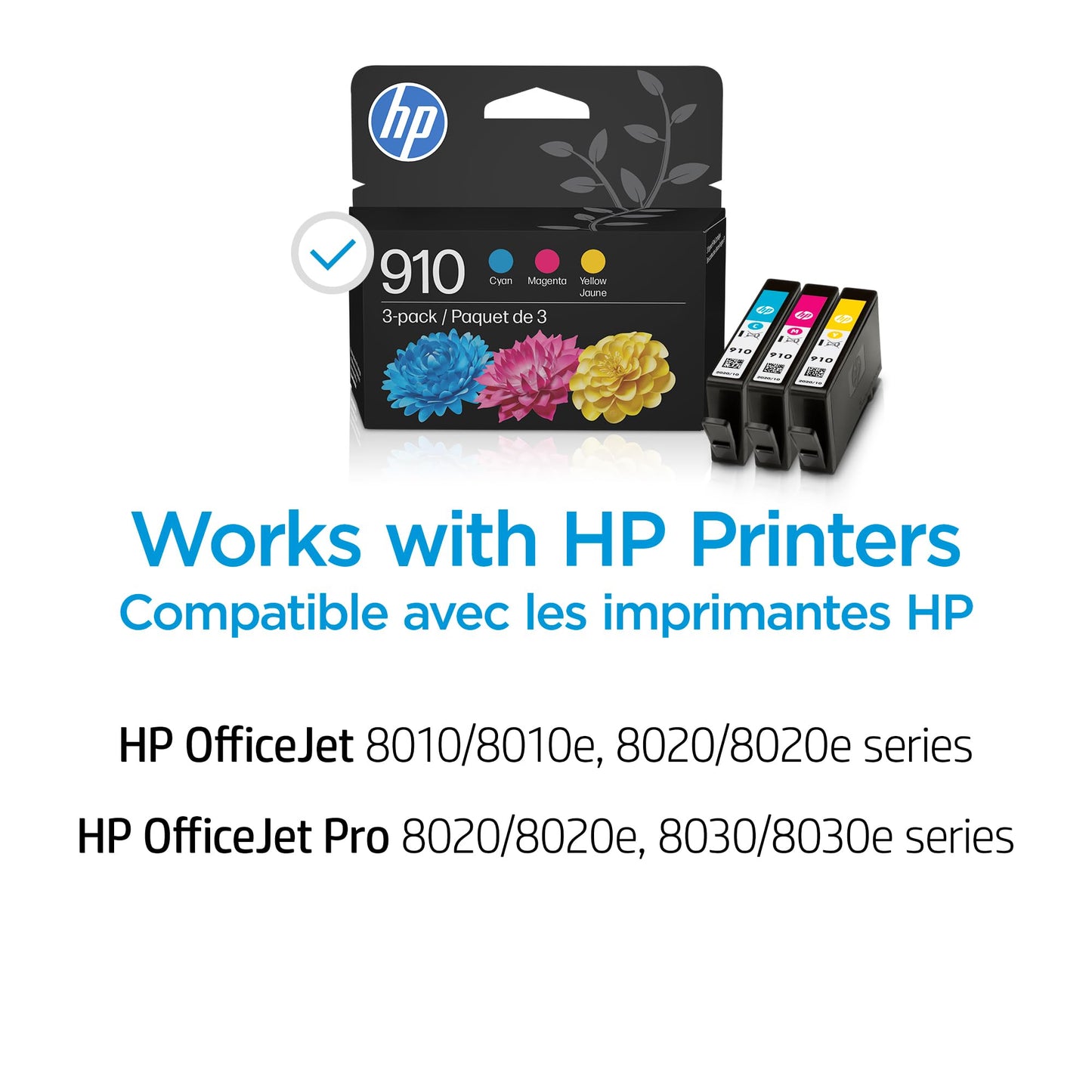 HP 910 Cyan, Magenta, Yellow Ink Cartridges (3-Pack) | Works with OfficeJet 8010, 8020 Series, OfficeJet Pro 8020, 8030 Series | Eligible for Instant