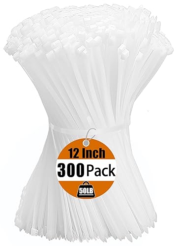 Zip Ties 12 Inch Cable Ties 300 Pack Cable Zip Ties Clear Tie Wraps with 50 Pounds Tensile Strength, Self-Locking Cable Ties, UV Resistant Nylon Wire