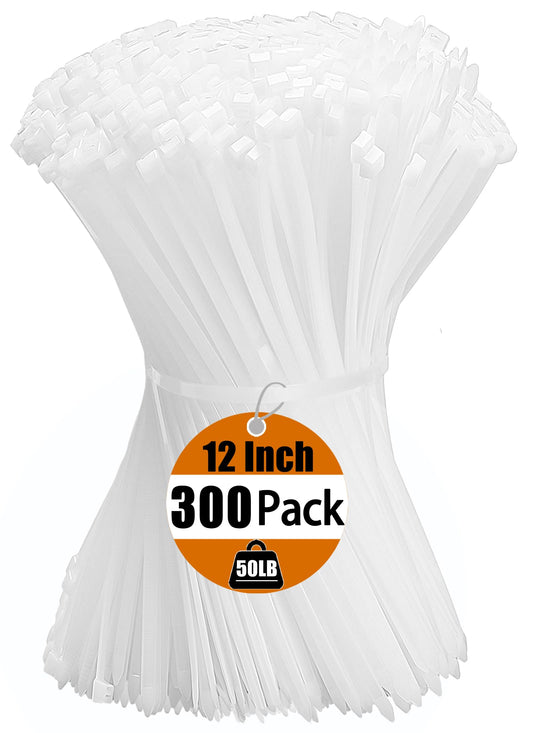Zip Ties 12 Inch Cable Ties 300 Pack Cable Zip Ties Clear Tie Wraps with 50 Pounds Tensile Strength, Self-Locking Cable Ties, UV Resistant Nylon Wire