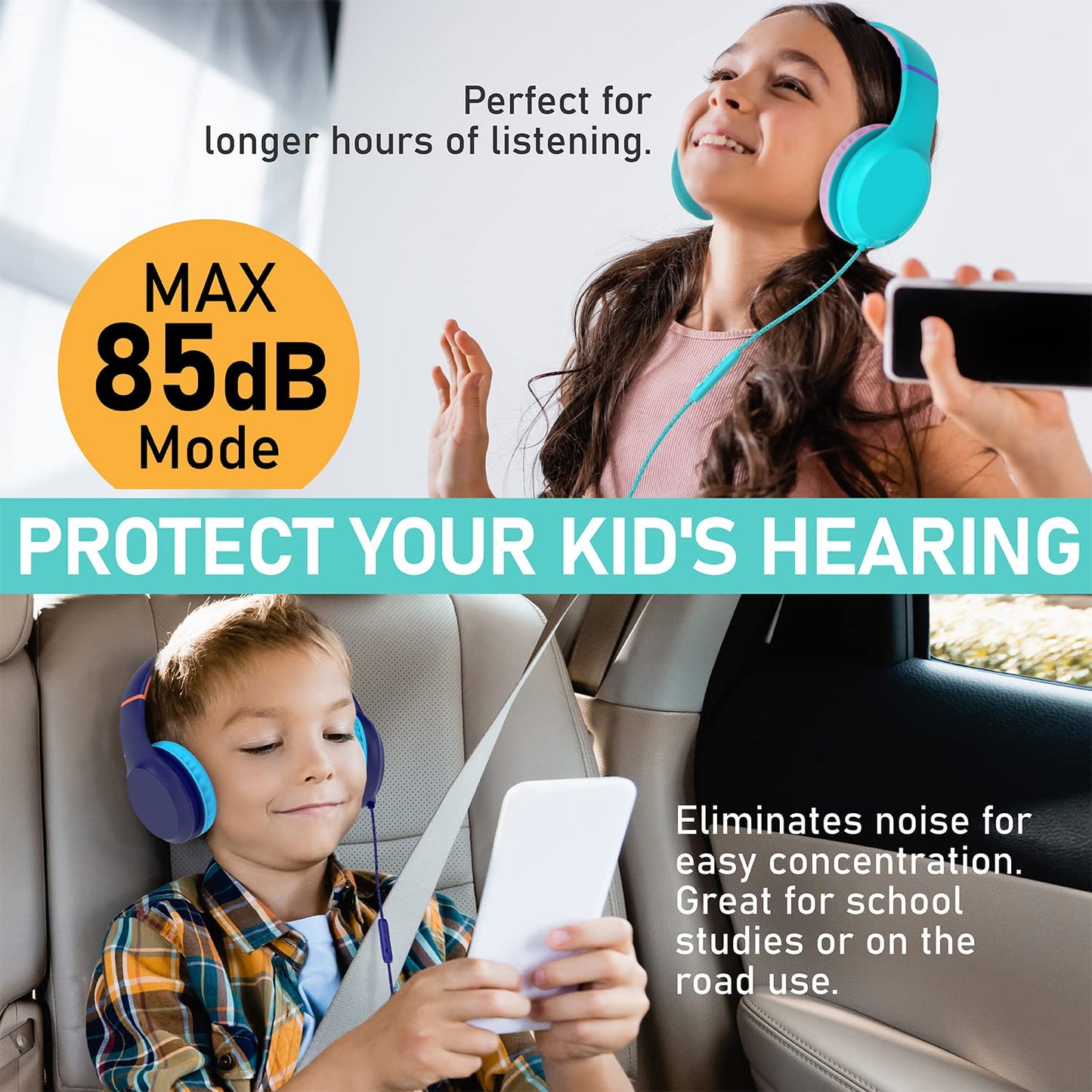 FosPower Kids Headphones with 3.5mm Laced Cables, Children & Teens Over The Ear Foldable Adjustable Headset w/Built-in Mic…