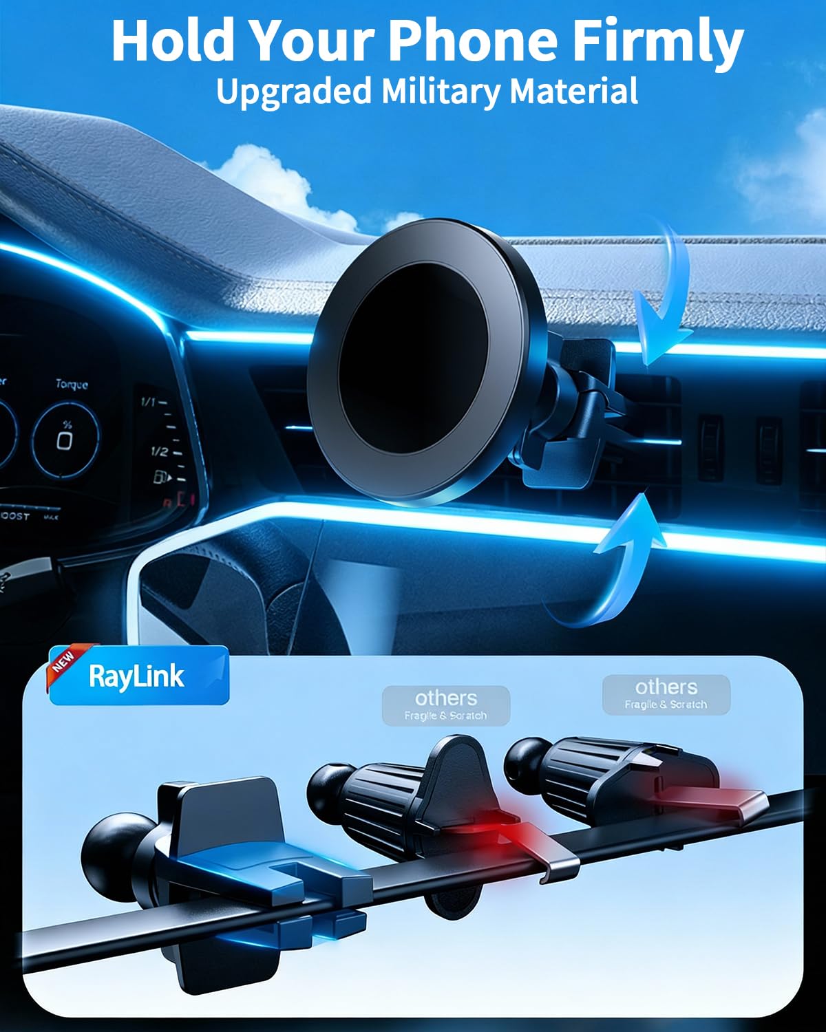 RayLink for Military-Grade Car Phone Mount?122+lbs Hold & Auto-Snap? for MagSafe?2-in-1 Mount Included? Magnetic Phone Holder for Car Truck Universal