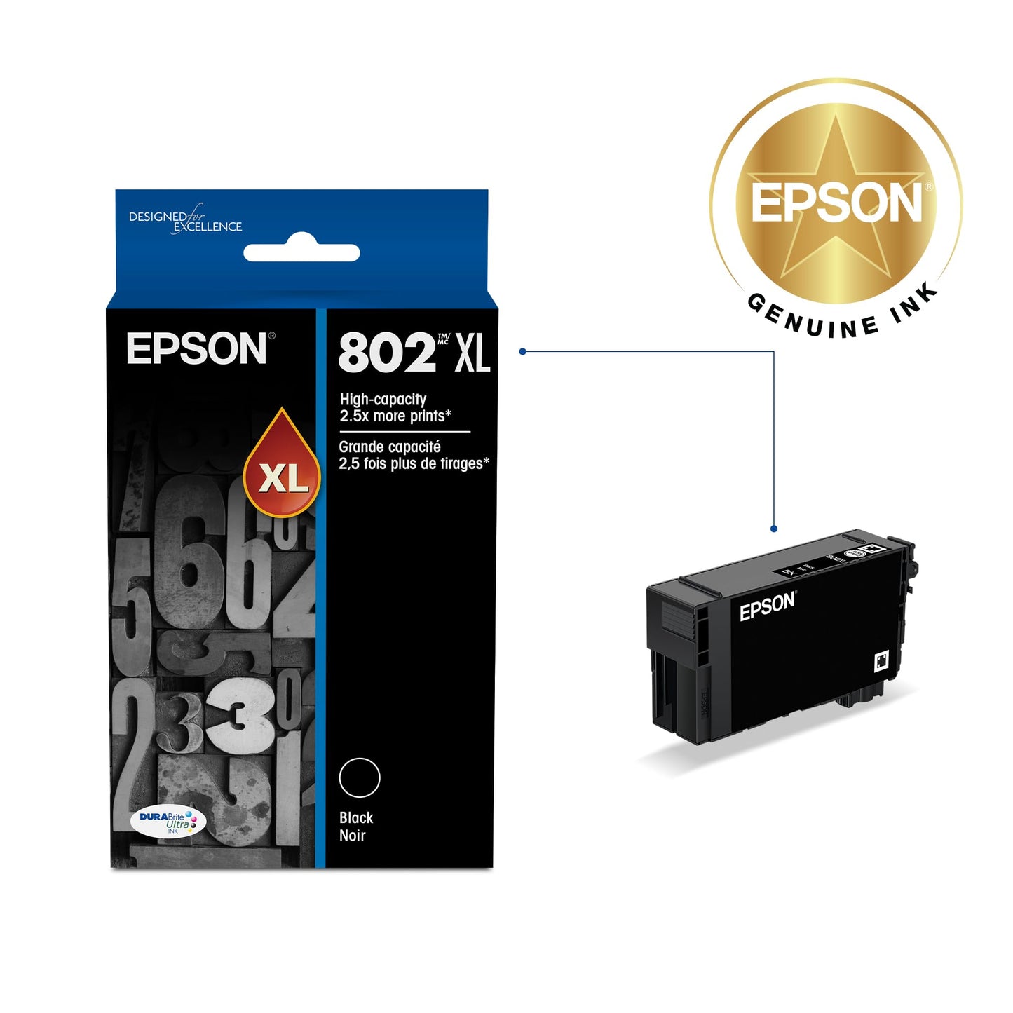 EPSON 802 DURABrite Ultra Ink High Capacity Black Cartridge (T802XL120-S) Works with WorkForce Pro WF-4720, 4730, 4734, 4740