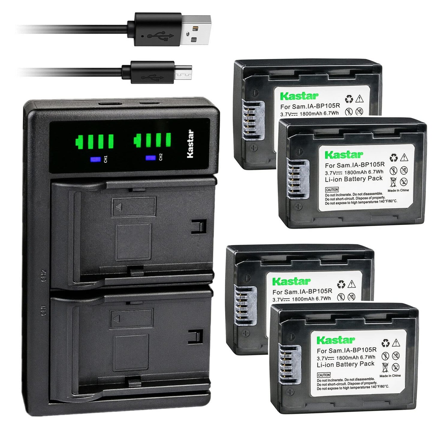 Kastar 4-Pack IA-BP105R Battery and LTD2 USB Charger Replacement for Samsung HMX-F800BN/XAA, HMX-F800SN/XAA, HMX-F90, HMX-F90BN, HMX-F90BN/XAA