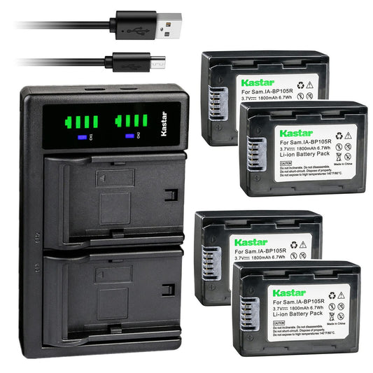 Kastar 4-Pack IA-BP105R Battery and LTD2 USB Charger Replacement for Samsung HMX-F800BN/XAA, HMX-F800SN/XAA, HMX-F90, HMX-F90BN, HMX-F90BN/XAA