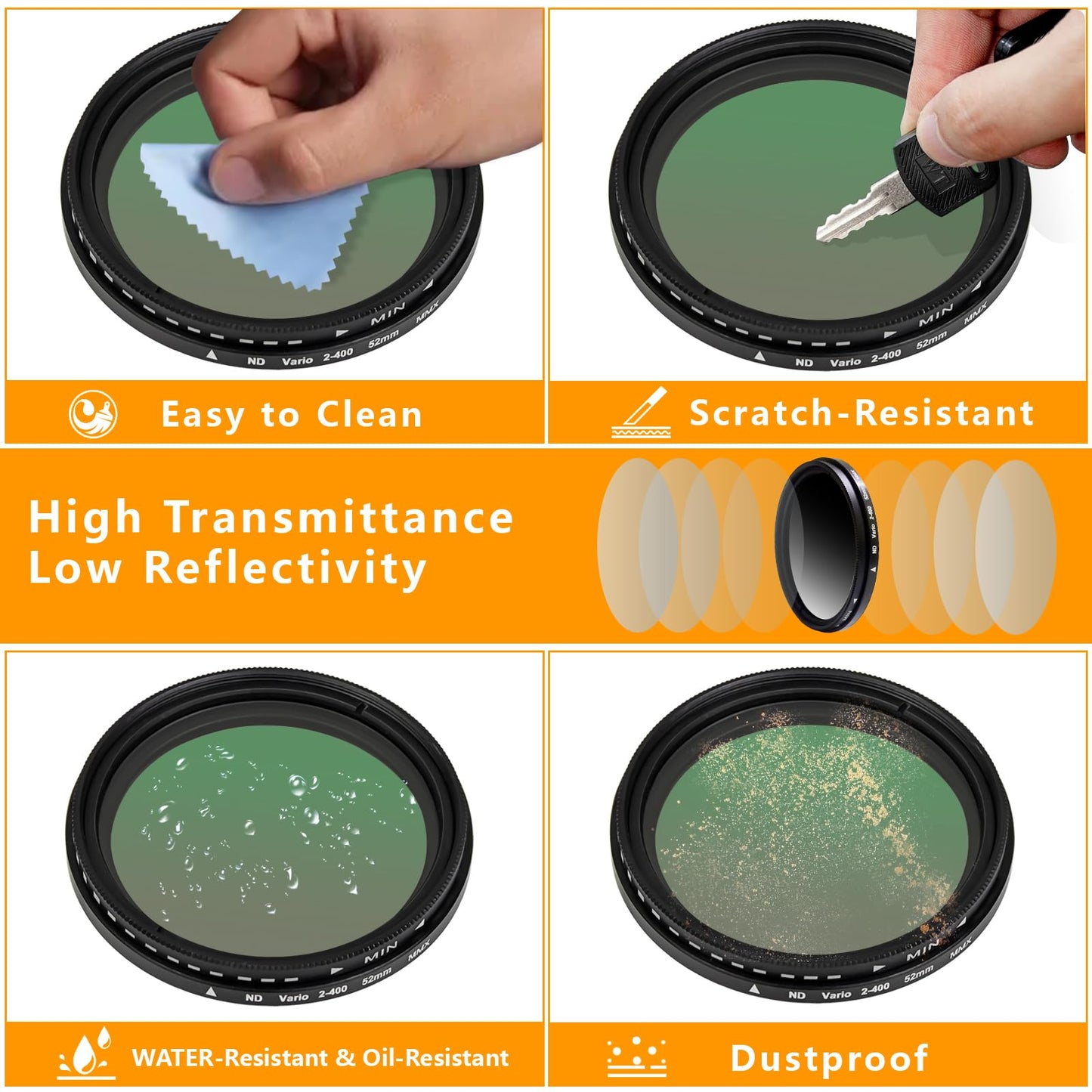 52MM Variable ND2-ND400 Filter, Ultra Slim Multi-Coated Adjustable Neutral Density Filter, Clip-on Phone Lens ND Filter Kit, Compatible for iPhone 15