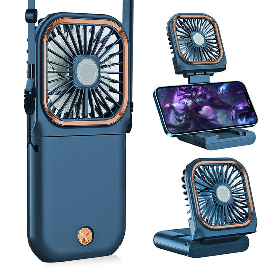 Portable Handheld Fan with Phone Holder, 3000mAh Power Supply Rechargeable Neck Fan with USB Output, Foldable Small Fan 0-180° Adjustable, Ultra Quiet