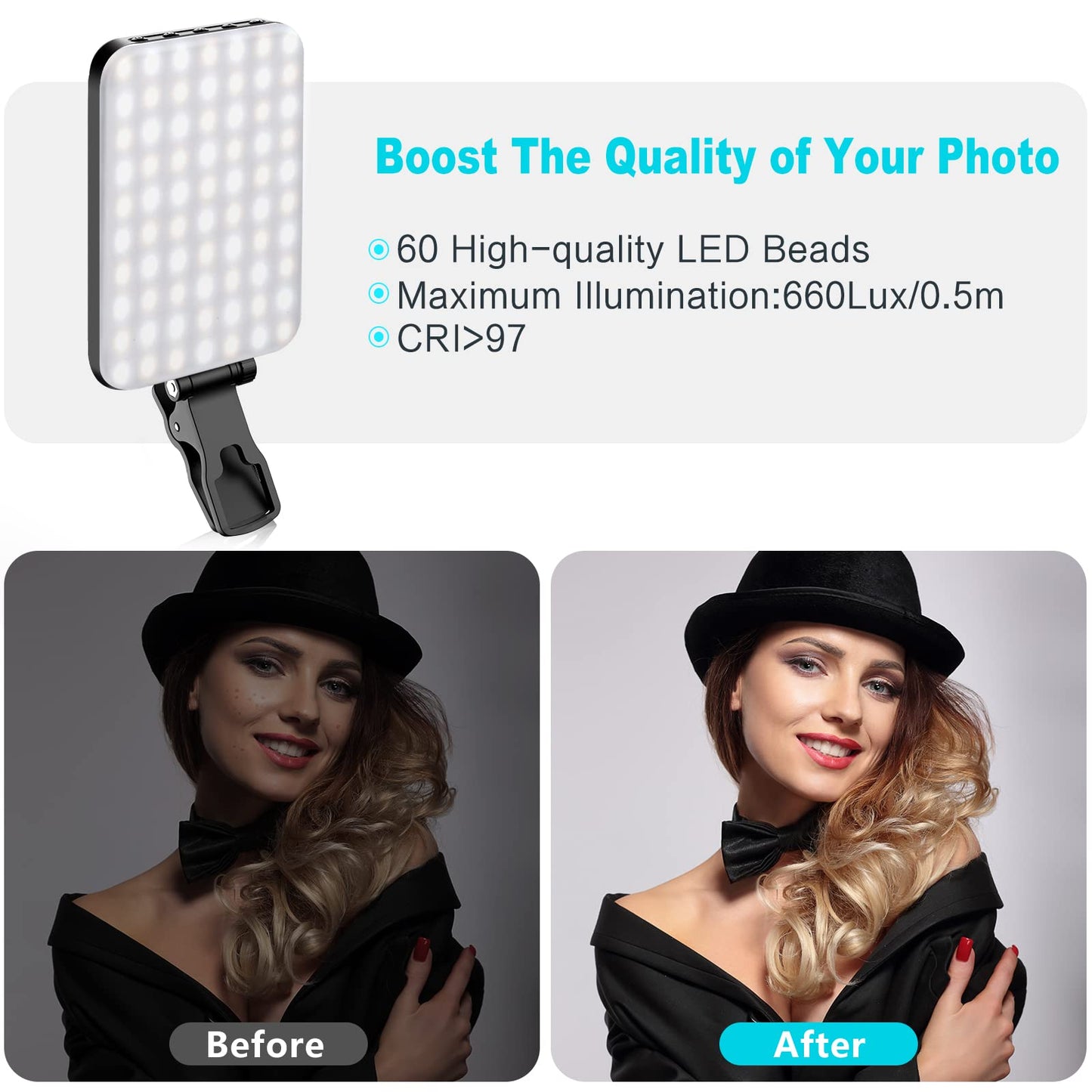 Anautin 60 LED 2200mAh Rechargeable Selfie Light, 7 Modes, 10-Level Brightness, Portable Clip on Light for Phone/Tablet/Laptop, Zoom Call Vlog Makeup