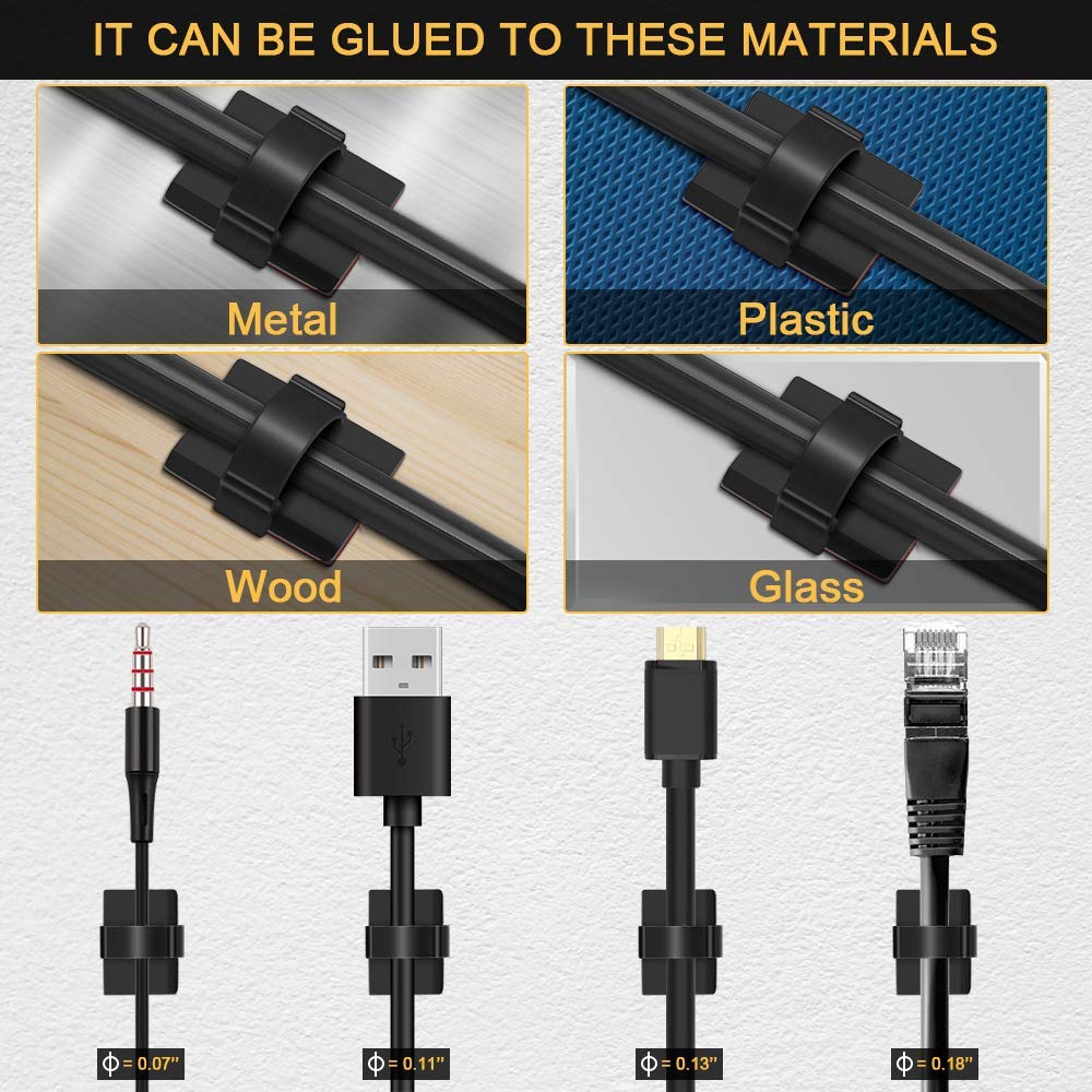 EtoBesy Adhesive Cord Organizer, Management 3M Cable Ties Wire Clips Organizer Cable Clamp Holders for Desk Car Tables PC Laptop TV Home Office Walls
