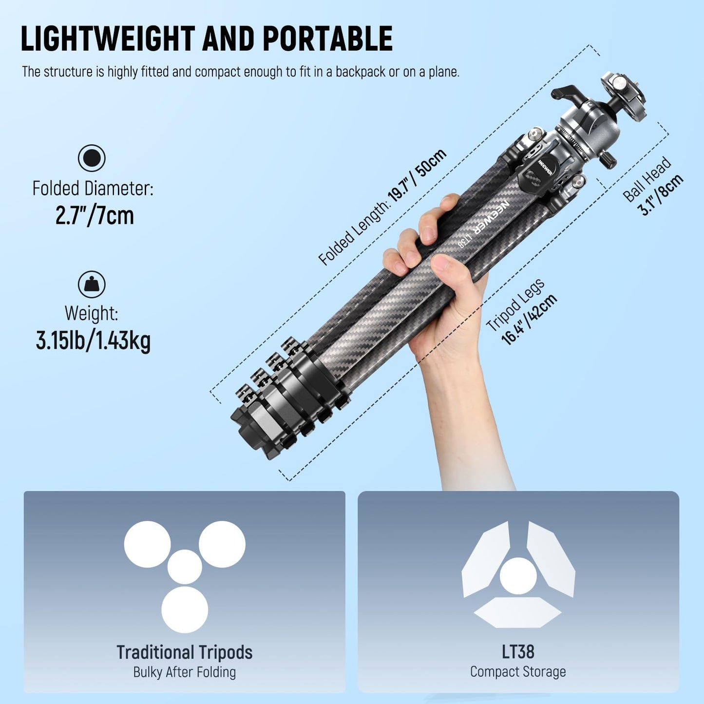 NEEWER LITETRIP LT38 61" Travel Tripod Carbon Fiber for Camera, 360° Pan Tilt Low Profile Ball Head, Flexible Center Axis, Arca QR Plate Compatible
