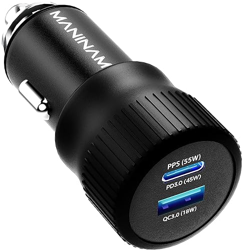 MANINAM All-Metal 73W Super Fast USB-C Car Charger M113 - PPS PD 3.0 Dual-Port Fast Charger 55W+18W for Samsung S24 S23 S22 Note 10 Plus iPhone 15 14