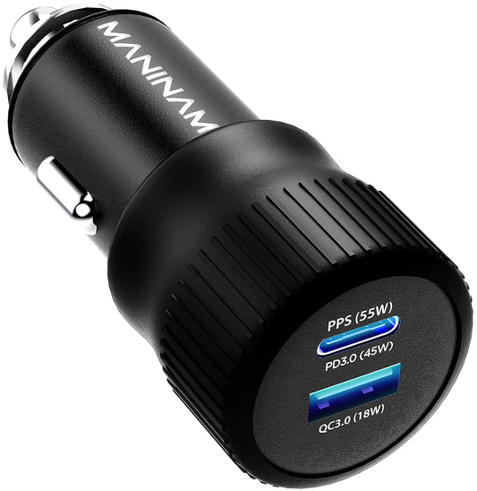 MANINAM All-Metal 73W Super Fast USB-C Car Charger M113 - PPS PD 3.0 Dual-Port Fast Charger 55W+18W for Samsung S24 S23 S22 Note 10 Plus iPhone 15 14
