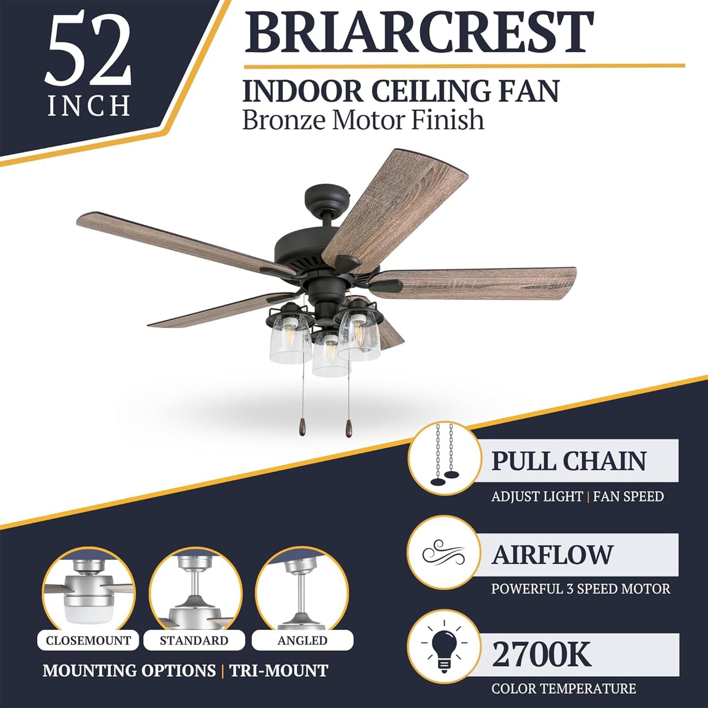 Prominence Home Briarcrest 52 Inch Ceiling Fan with LED Light, Pull Chain Control, 5 Blades with Reversible Motor and Tri-Mount Options, Bronze