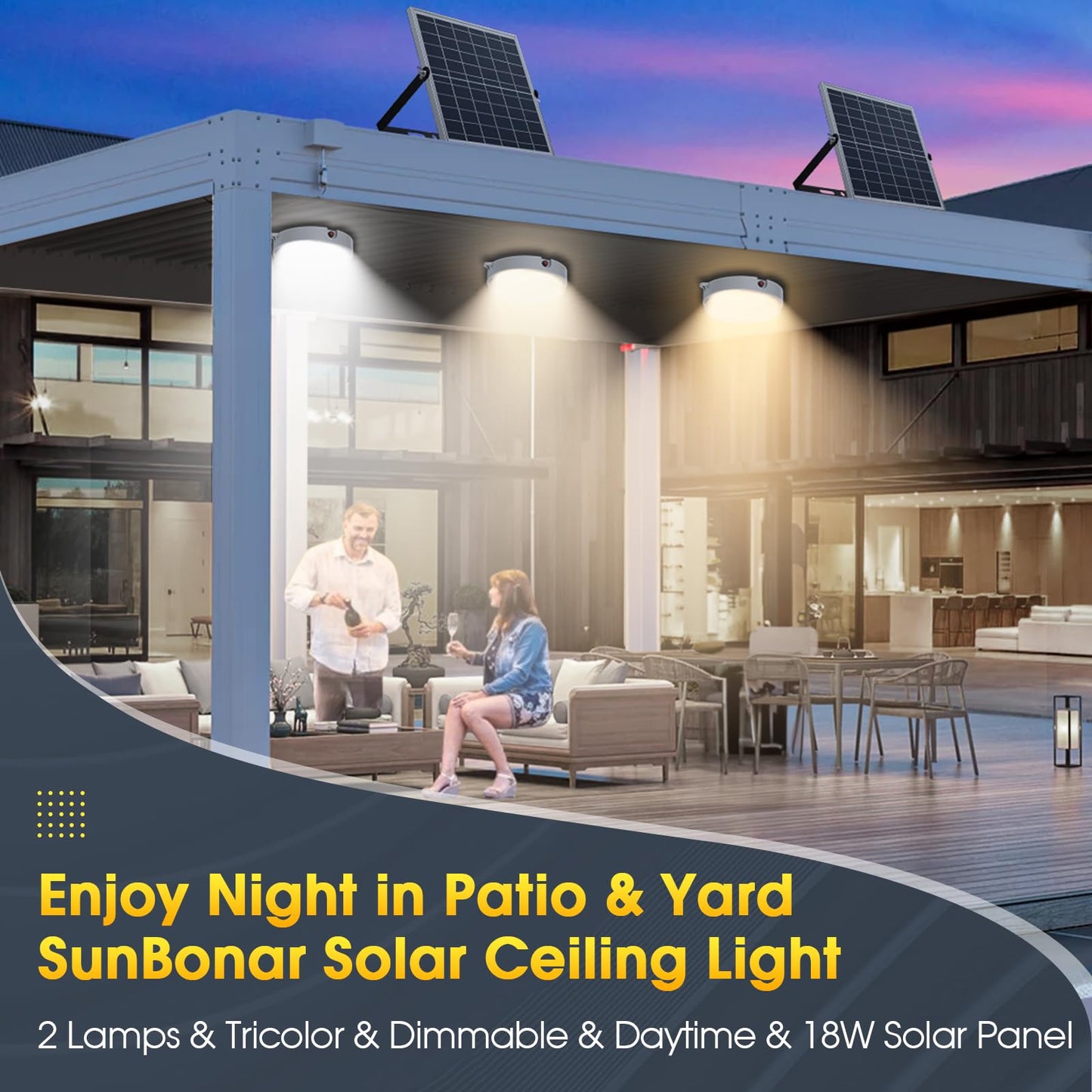 SunBonar Solar Ceiling Lights Indoor Outdoor, Day/Night Dual Lamp for Shed