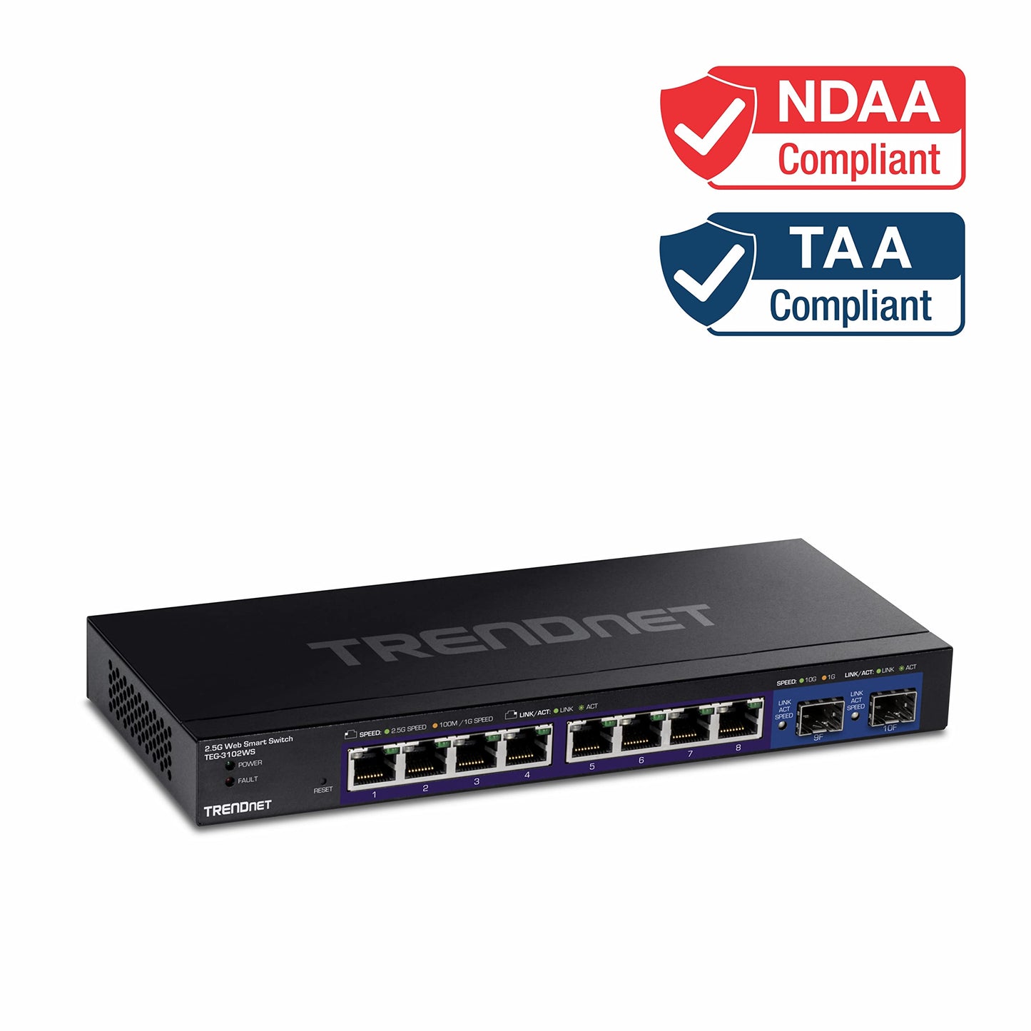 TRENDnet 10-Port Multi-Gig Web Smart Switch, TEG-3102WS, 8 x 2.5GBASE-T Ports, 2 x 10G SFP+ Slots, Ethernet Splitter, Metal Housing, NDAA & TAA