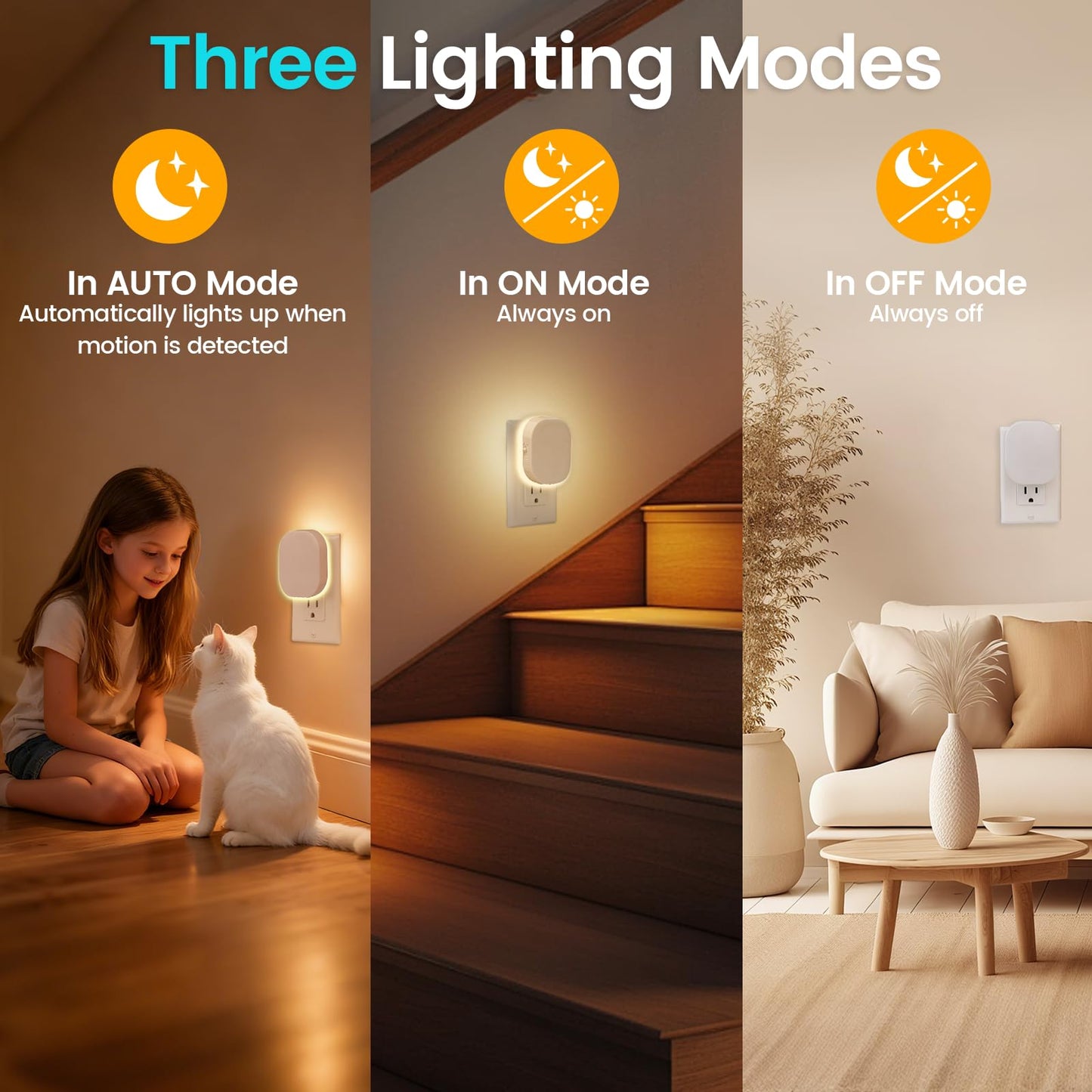 Hiwrolat Plug-in LED Backlit Night Light with Motion Sensor & Dusk to Dawn Sensor, 2700K Soft Warm White Nightlight with Dimmable Brightness