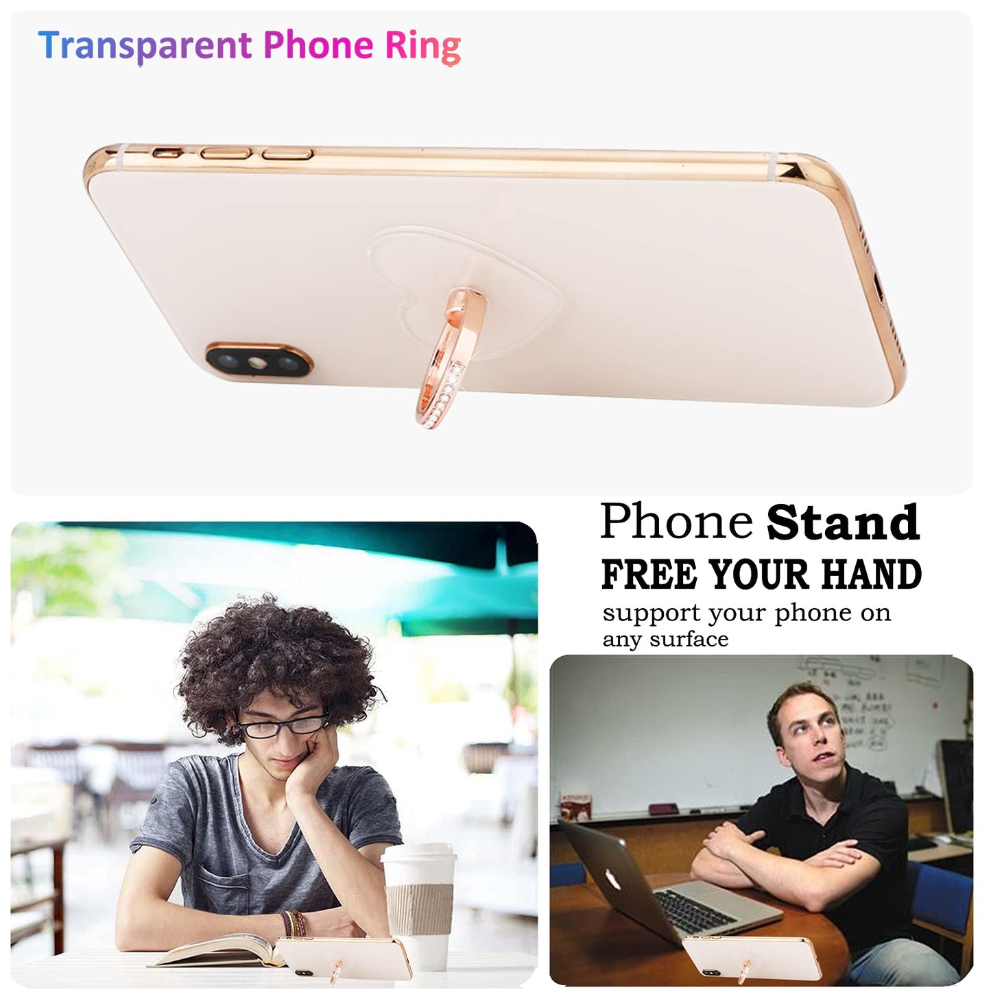 Transparent Heart Cell Phone Ring Holder Kickstand,Bling Bling Sparkle Diamond Clear Heart Cell Phone Finger Ring Grip Stand(Silver/Rose Gold)