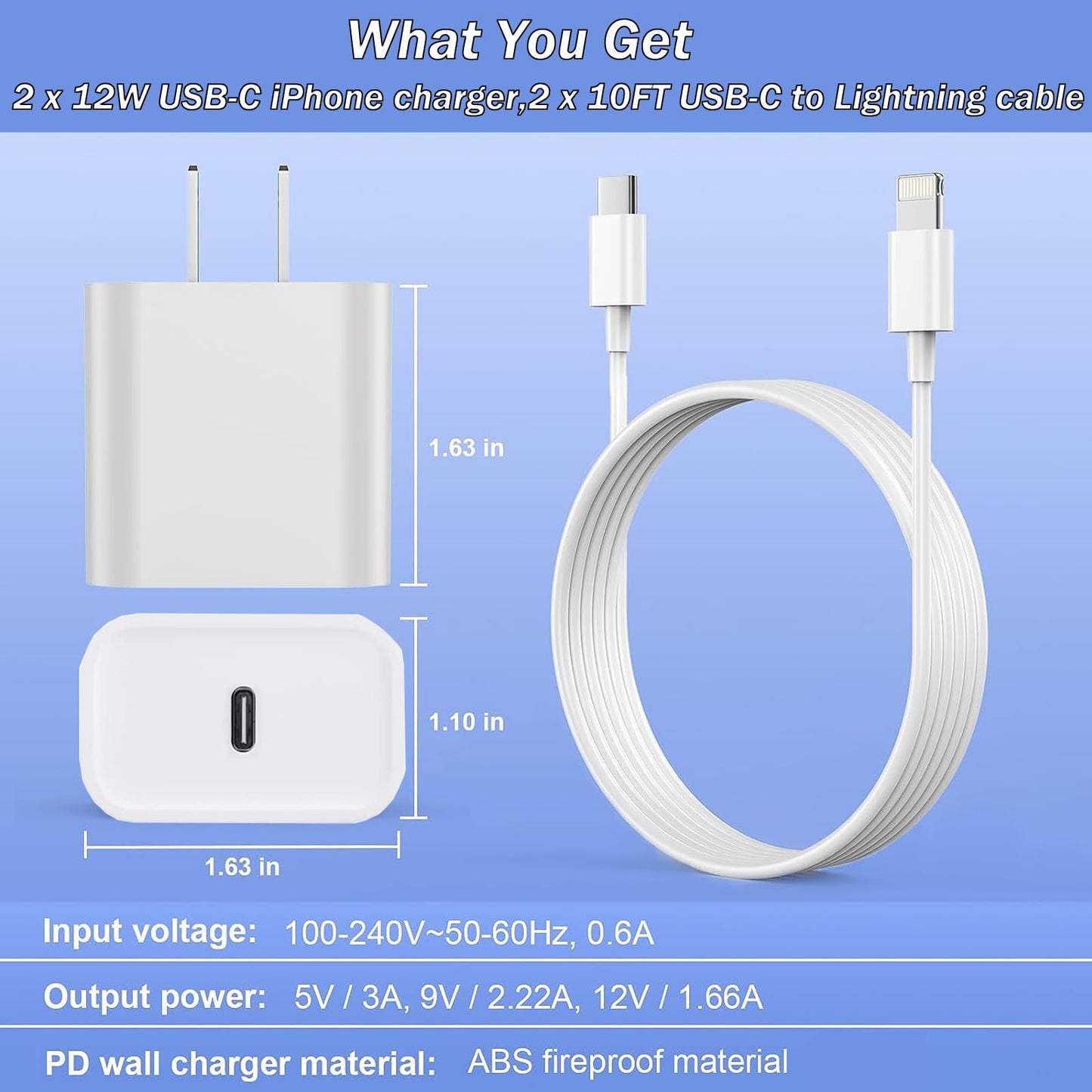 For iPhone Fast Charger, [Apple MFi Certified] 2 Pack PD USB C Wall Charger Block Plug with 10FT Extra Long USB C to Lightning Fast Charging Data…