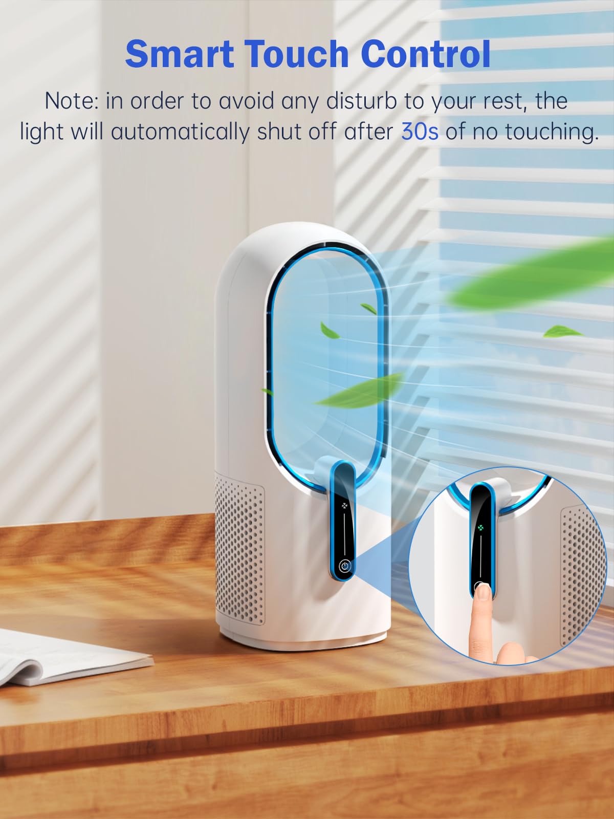 Misby Desk Fan, 11.8 Inch Portable Bladeless Fan, Small Rechargeable Table Fan with Battery, 3 Adjustable Speeds, Touch Control, Easy to Clean, Quiet
