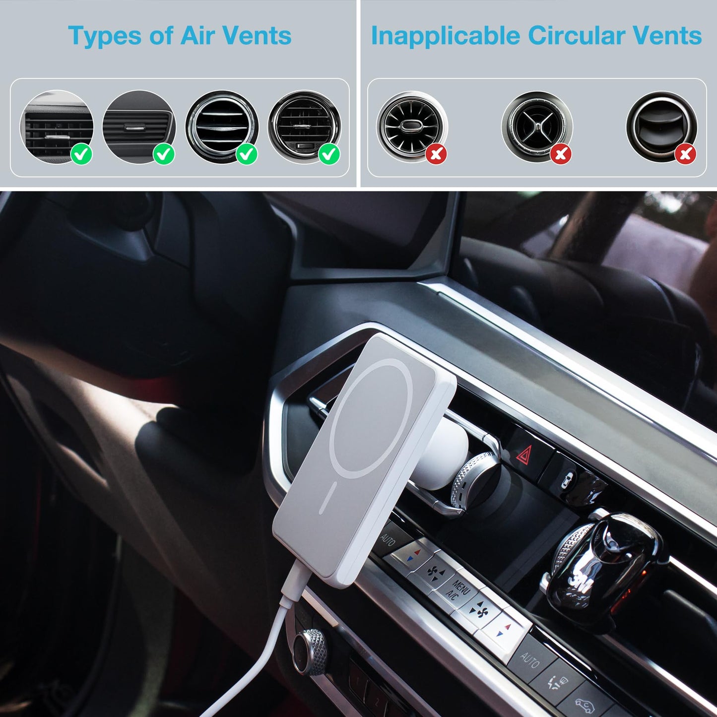 7.5W MagSafe Wireless Car Charger Mount Pro Strong Magnetic Vent Holder for iPhone 17/16/15/14/13/12 Series & More, 360° Rotation & Overheat