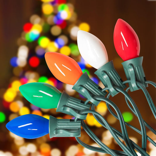 PASUTO 50FT C7 Christmas Lights Outdoor, Multicolor Vintage Christmas Lights String with 50+5 Ceramic Bulbs,Hanging Christmas Light Green Wire