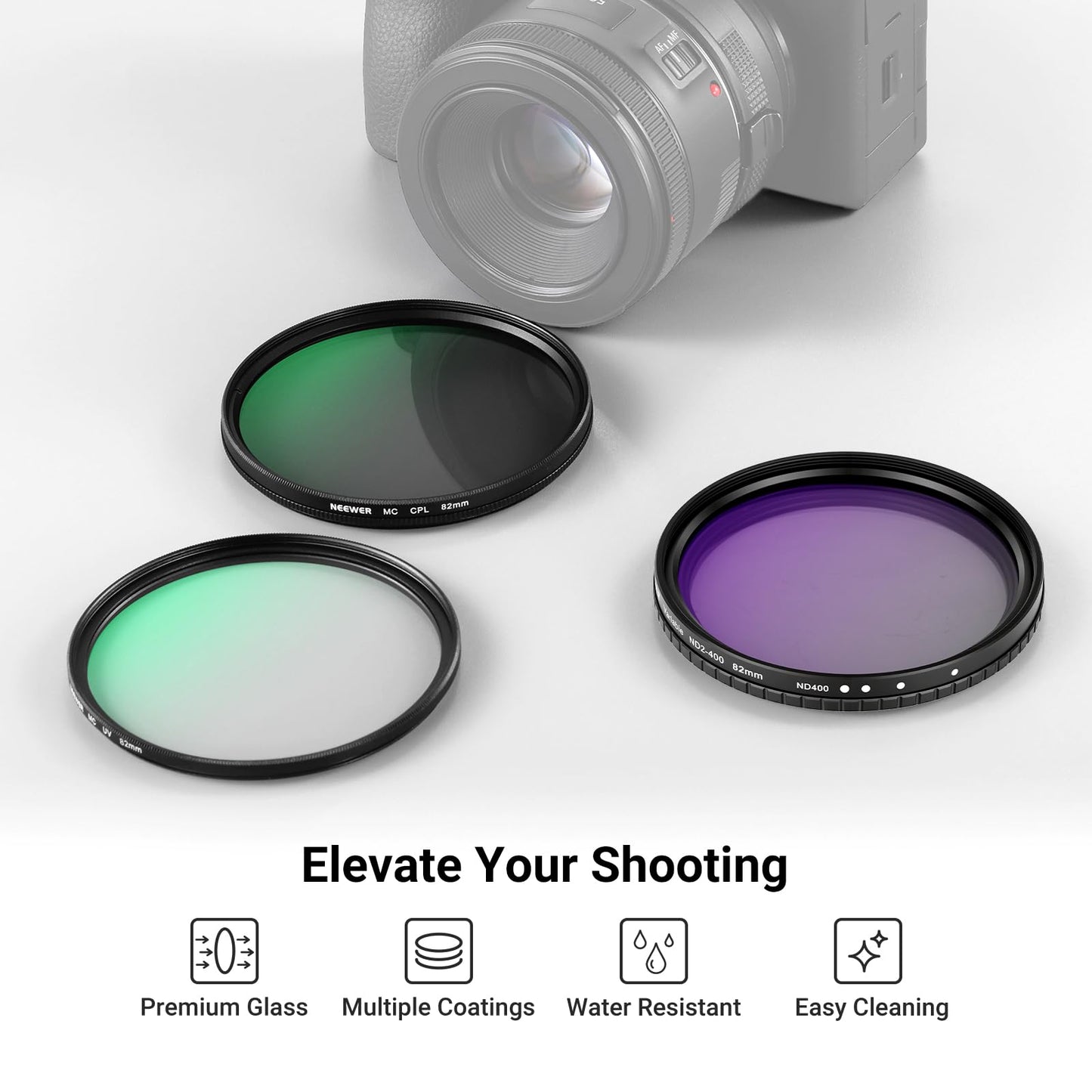 NEEWER 82mm Variable ND + CPL + UV Filter Kit (3 Pack), Multicoated Neutral Density (ND2-400) Circular Polarizer Camera Lens Polarizing Filter