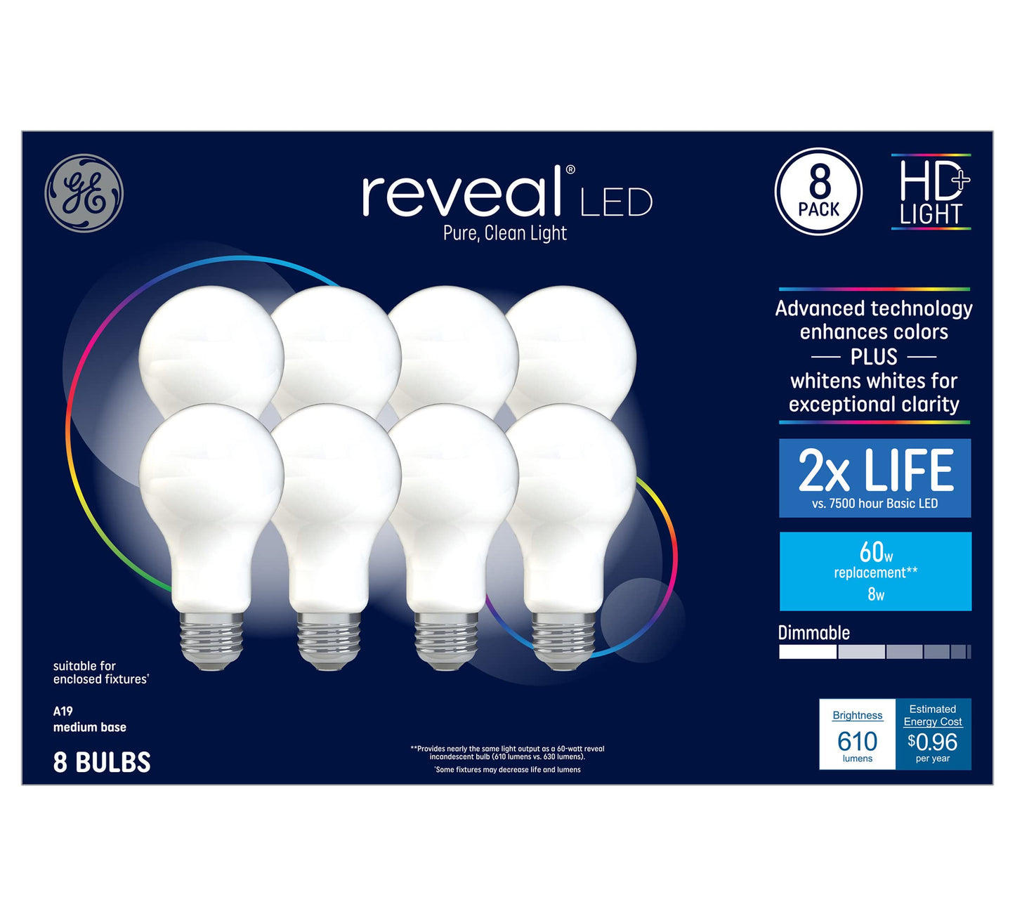 GE Reveal 8-Pack 60 W Equivalent Dimmable Color-Enhancing 2850K Warm White A19 LED Light Fixture Light Bulbs Fixture