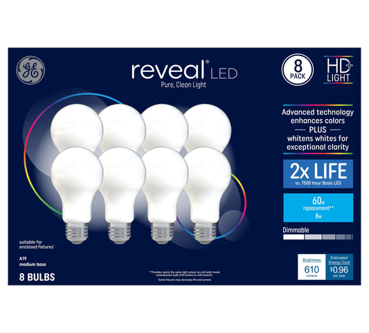 GE Reveal 8-Pack 60 W Equivalent Dimmable Color-Enhancing 2850K Warm White A19 LED Light Fixture Light Bulbs Fixture