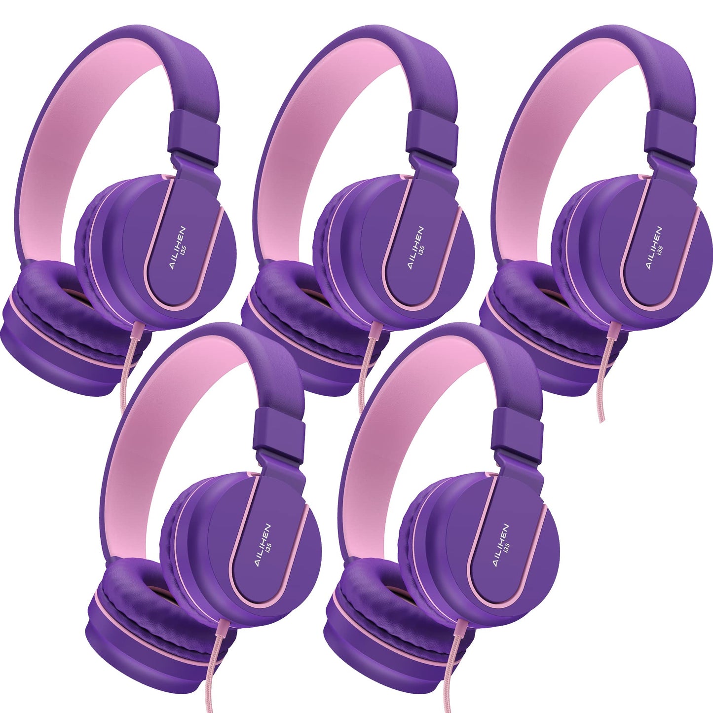 AILIHEN I35Bulk Classroom Kids Headphones (5 Pack) for K-12 School Class Sets Student Children 93dB Volume Limited Wired Foldable Headset for Study