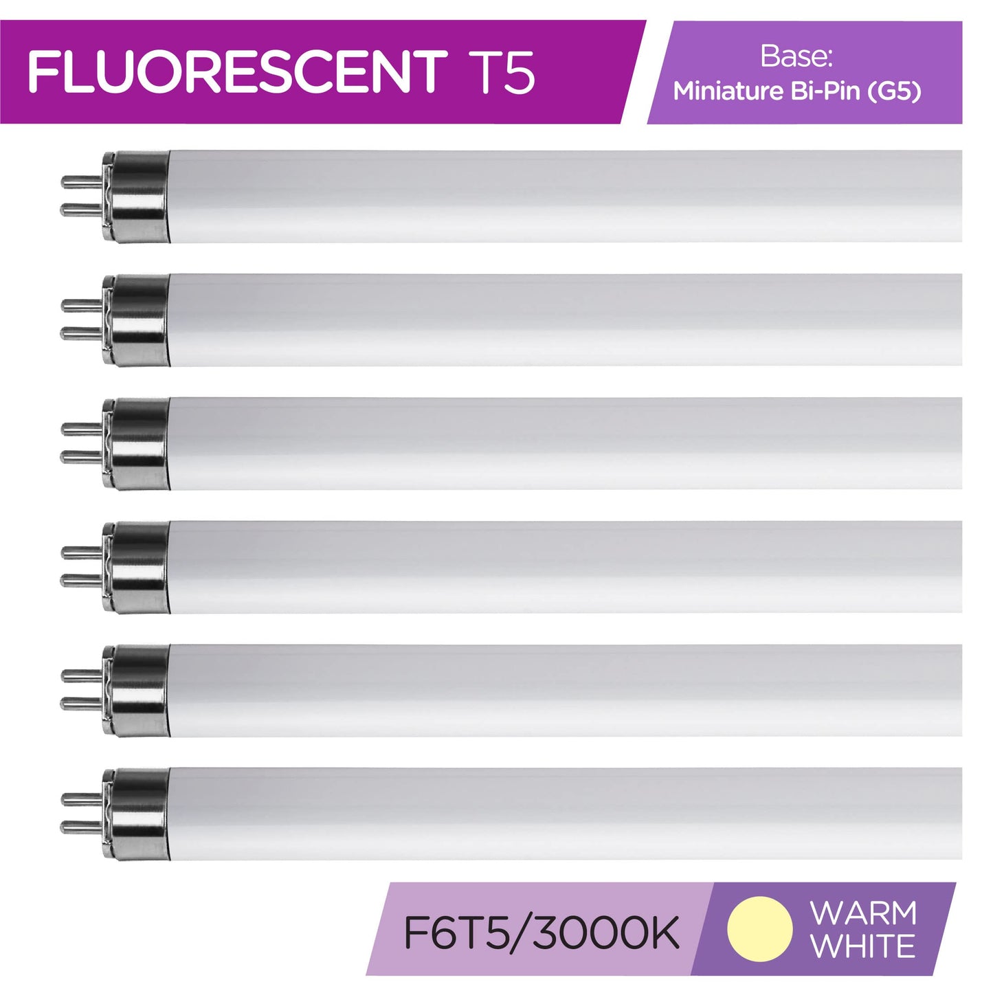KOR F6T5/WW T5 Fluorescent Tube Bulbs, 6W 9", 3000K Warm White, 6-Pack