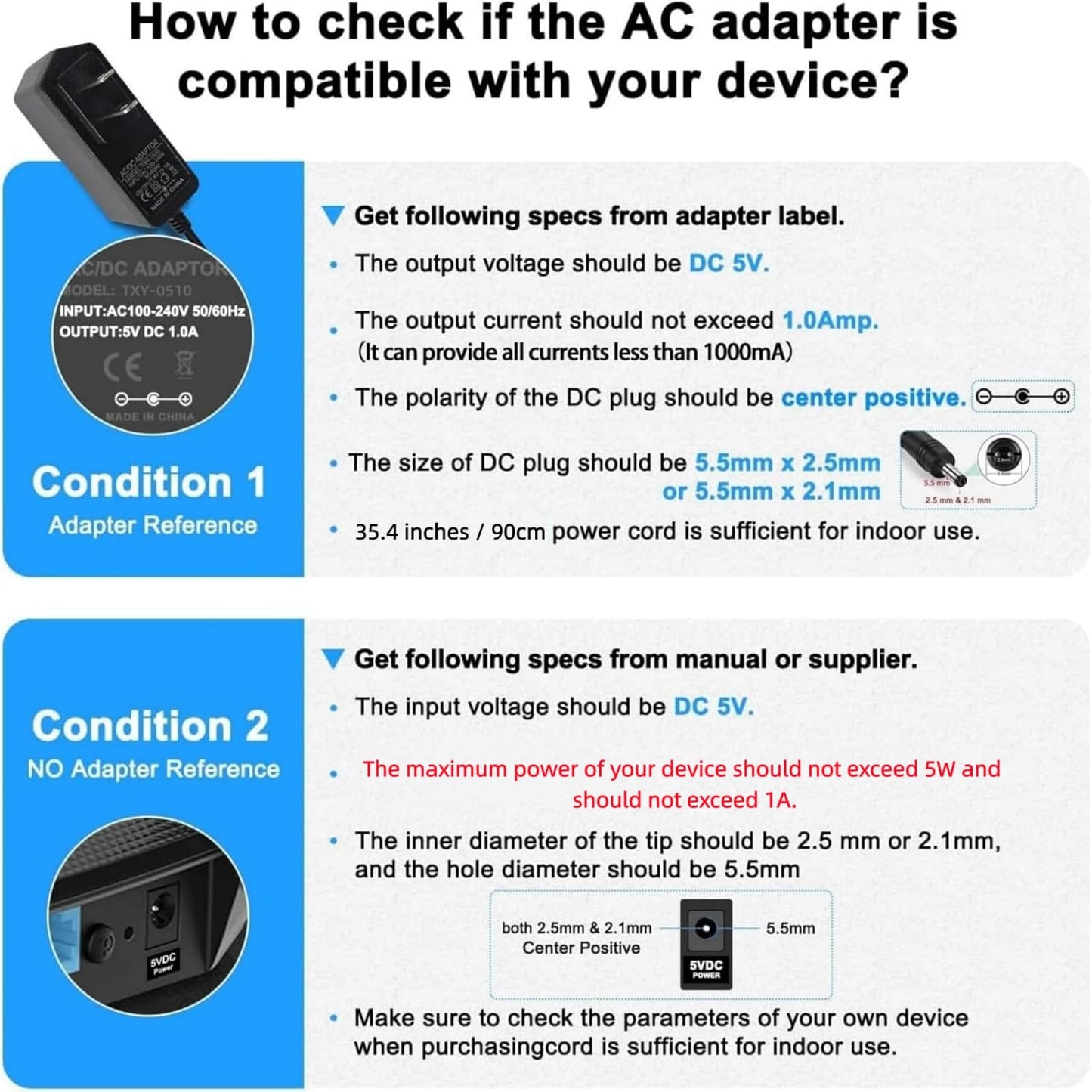 Yetaida 5V 1A DC Power Supply Cord, Max 5W Power Adapter Universal Wall Charger Plug, AC 100-240V to DC 5V 1A 5W, 5.5 * 2.5mm Jack Replacement Power…