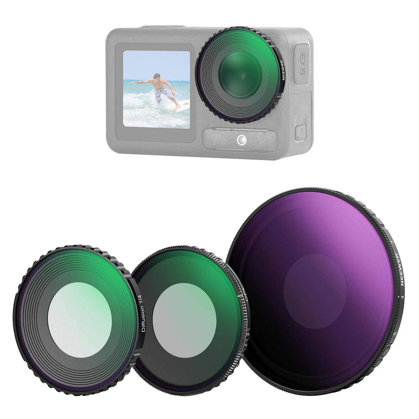 NEEWER ND Filter Kit Compatible with DJI Osmo Action 5 Pro/4, Variable ND8-32 (3-5 Stops) + CPL + Black Diffusion 1/4 Screw On Filter Multicoated HD
