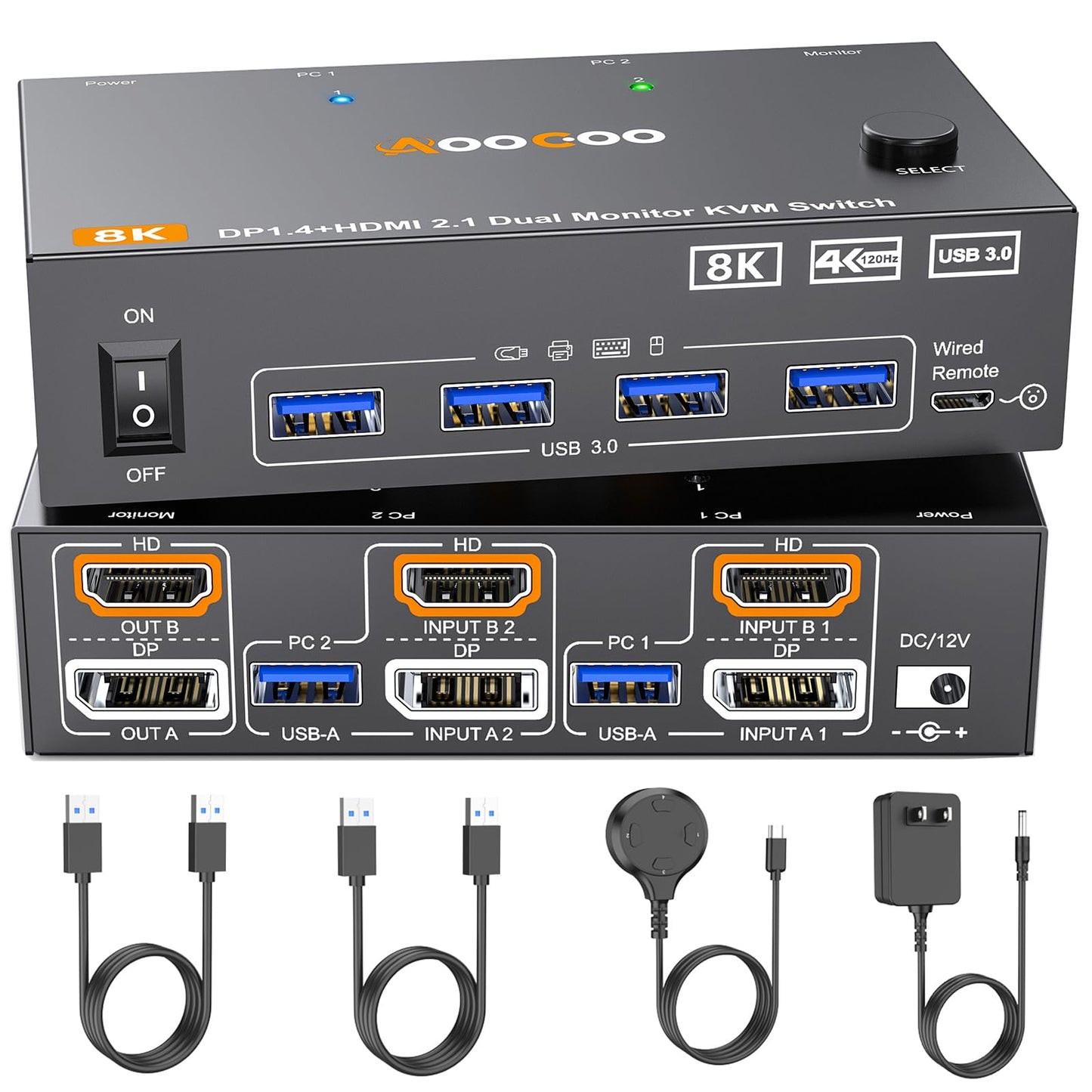 HDMI DP2.1 KVM Switch 2 Monitors 2 Computers, 8K@60Hz/4K@144Hz KVM Switch for 2 PC Sharing 2 Monitors, Keyboard, Mouse, with 2 USB3.0 Cables, Wired