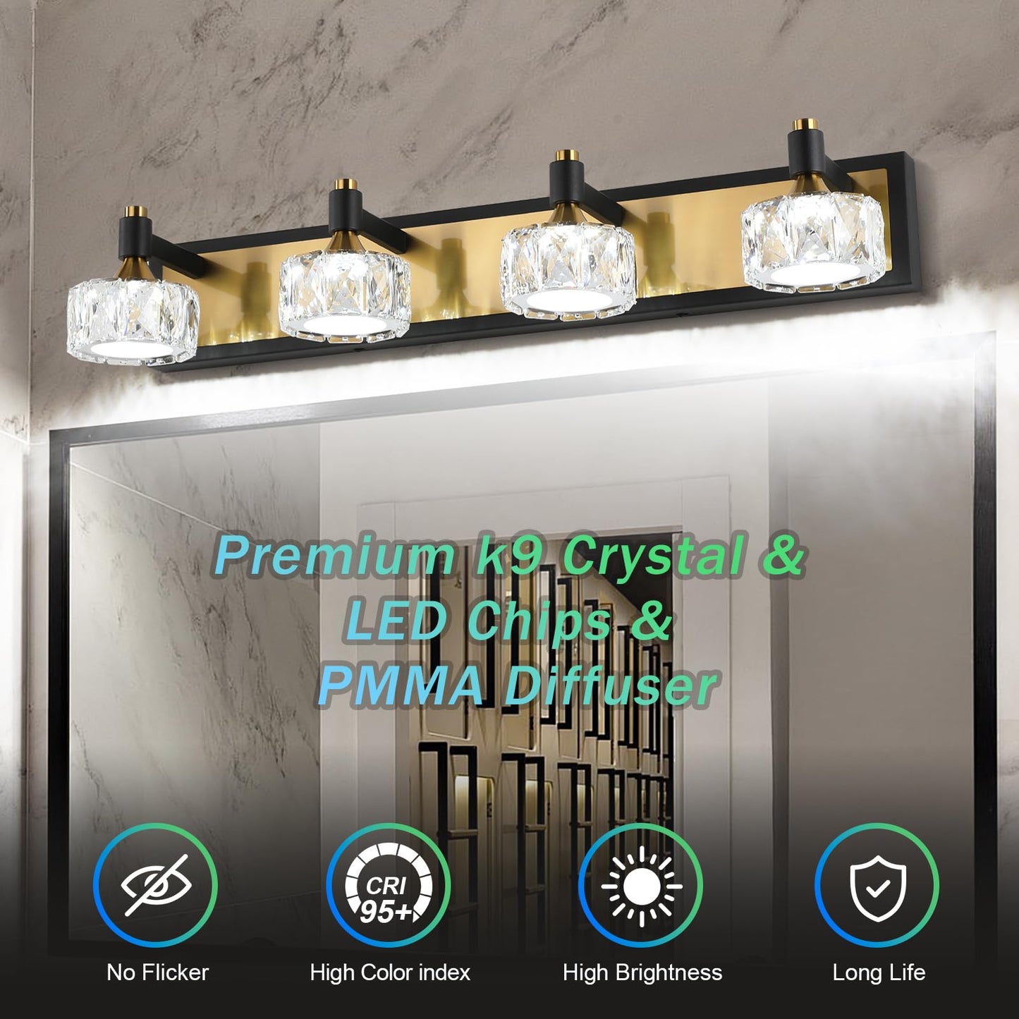 Bicrink 4 Light Bathroom Vanity Light, Dimmable Crystal Modern Bathroom Light Fixtures Over Mirror, Gold and Black Modern Vanity Light, Elegant Water