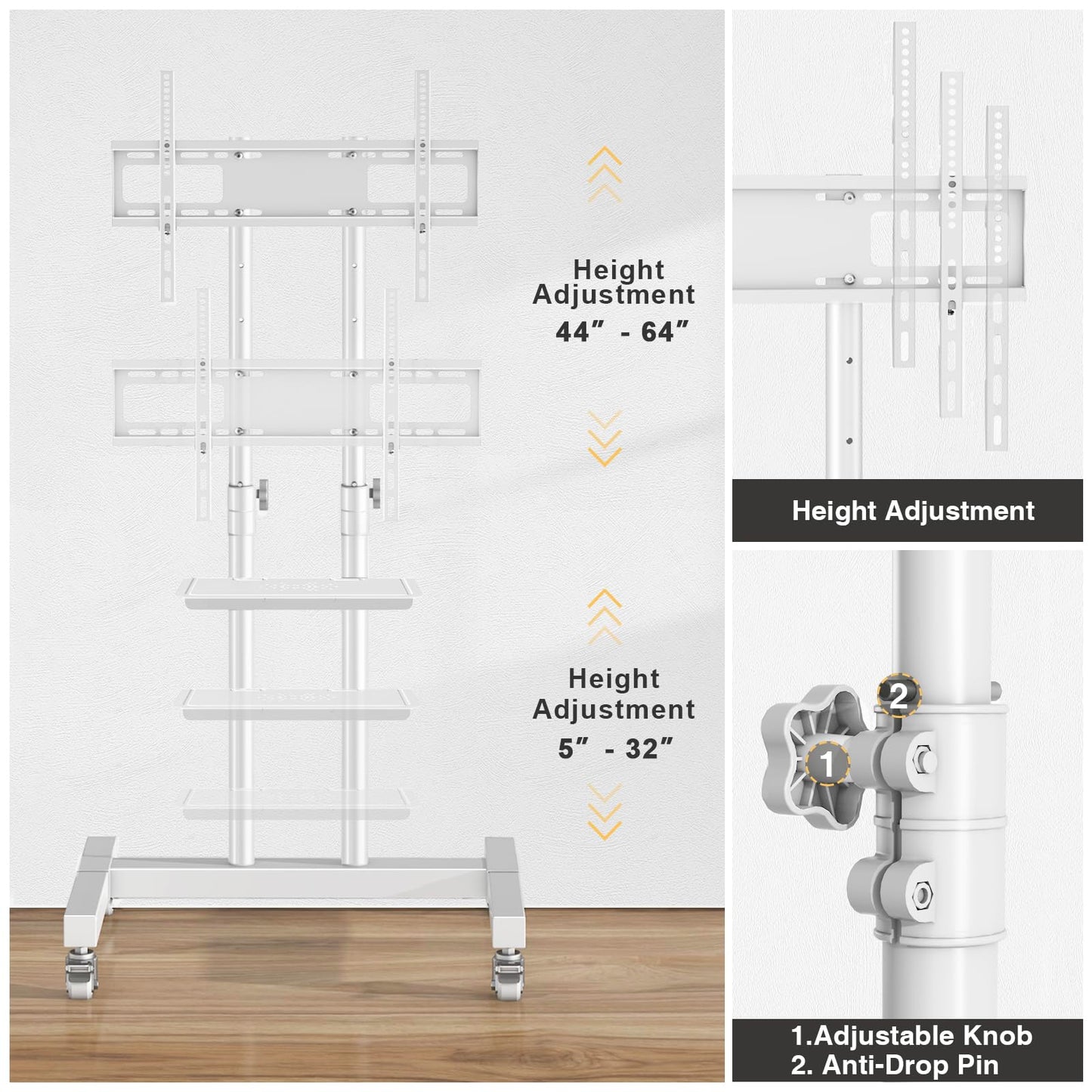 TVON Upgraded Mobile TV Stand on Wheels for 32-83 inch Flat Screen/Curved TVs up to 110 lbs, Height Adjustable Mobile TV Cart with Metal Laptop Shelf