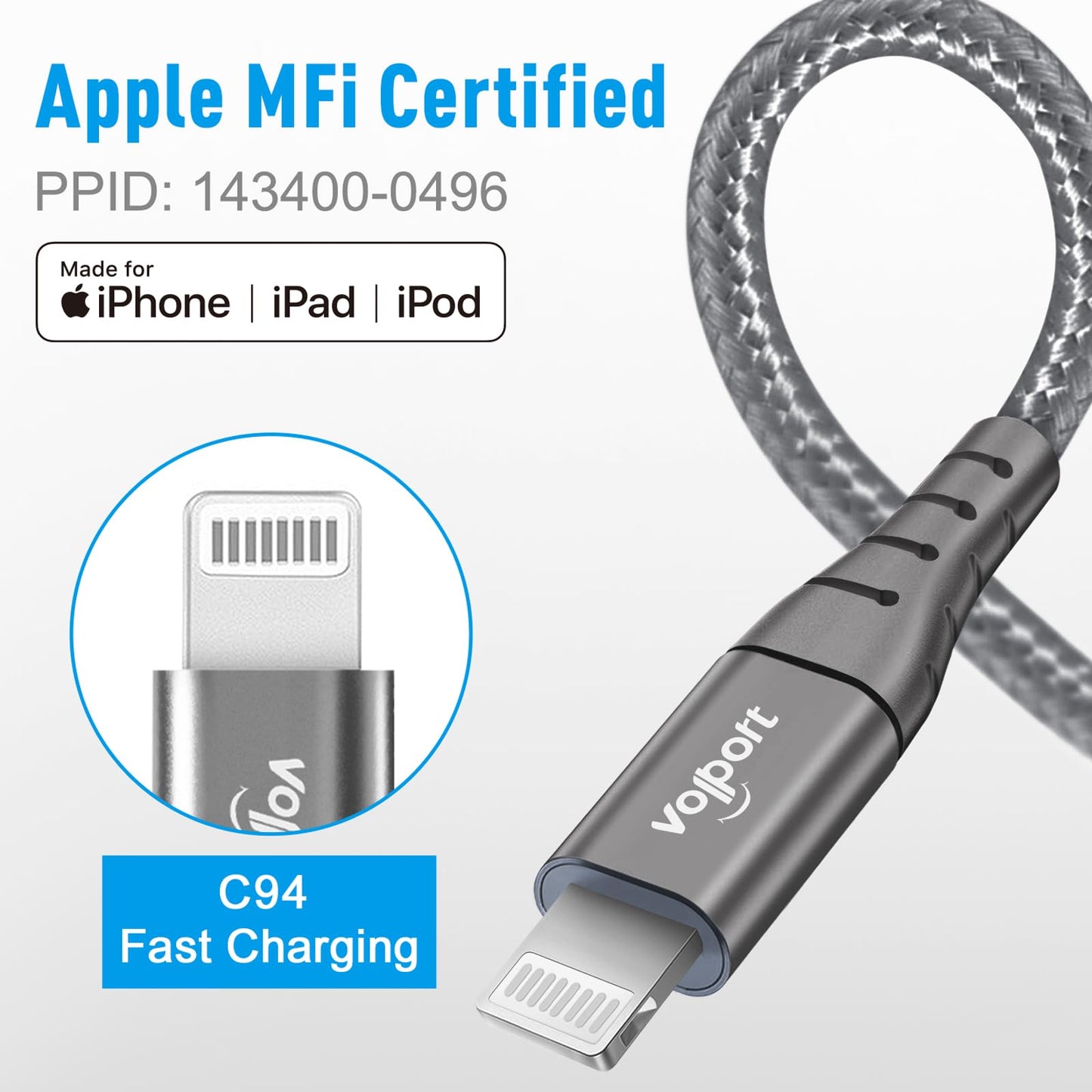 volport USB C to Lightning Cable 3ft [MFi Certified] Grey Silver, 1m Braided Fast Charging Data Transfer Cable for Apple iPhone 14 13 12 11 Pro Max X…